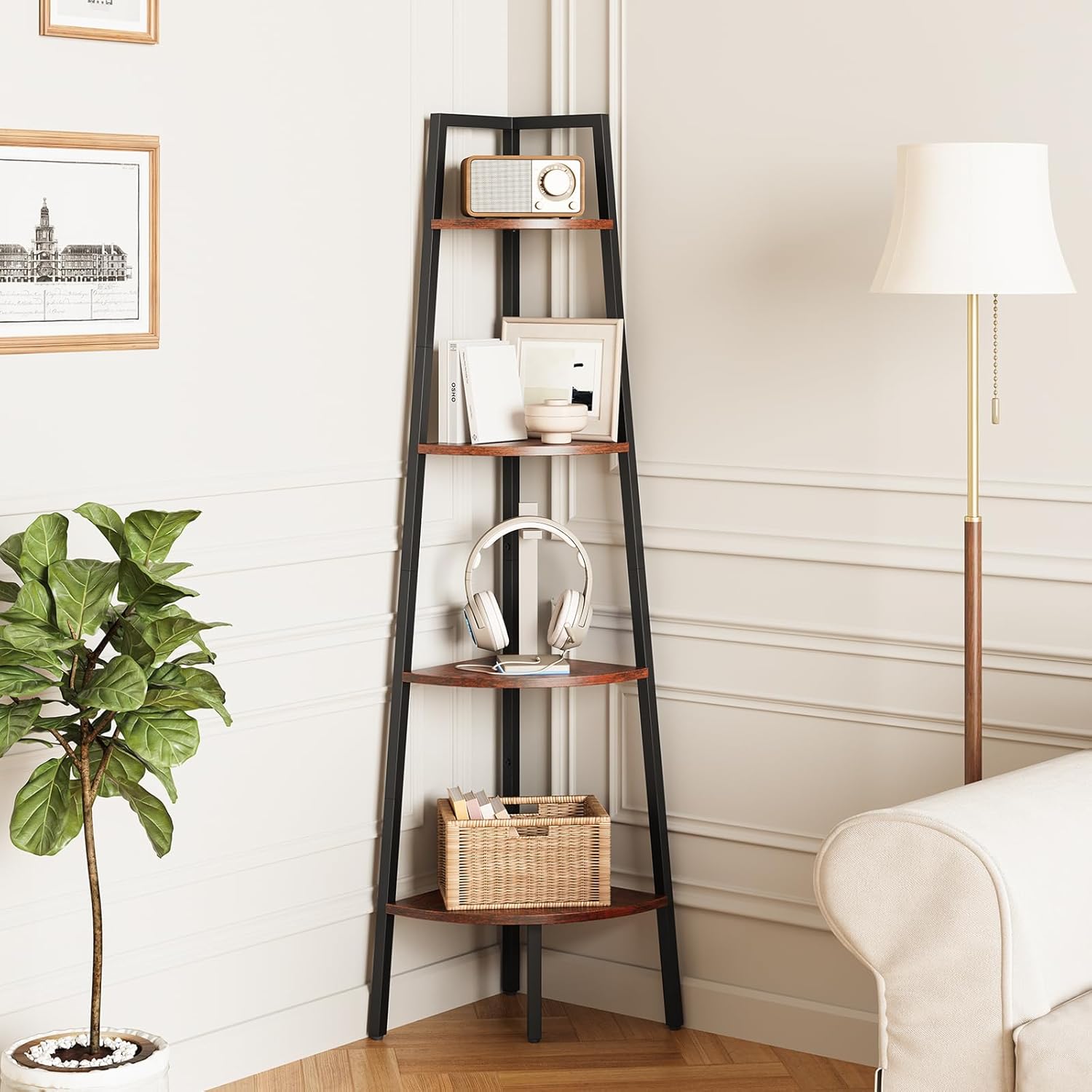 Yoobure 4-Tier Corner Bookshelf Metal Frame Ladder Shelf - Tall Wood Display Stand for Bedroom Living Room Plants Books