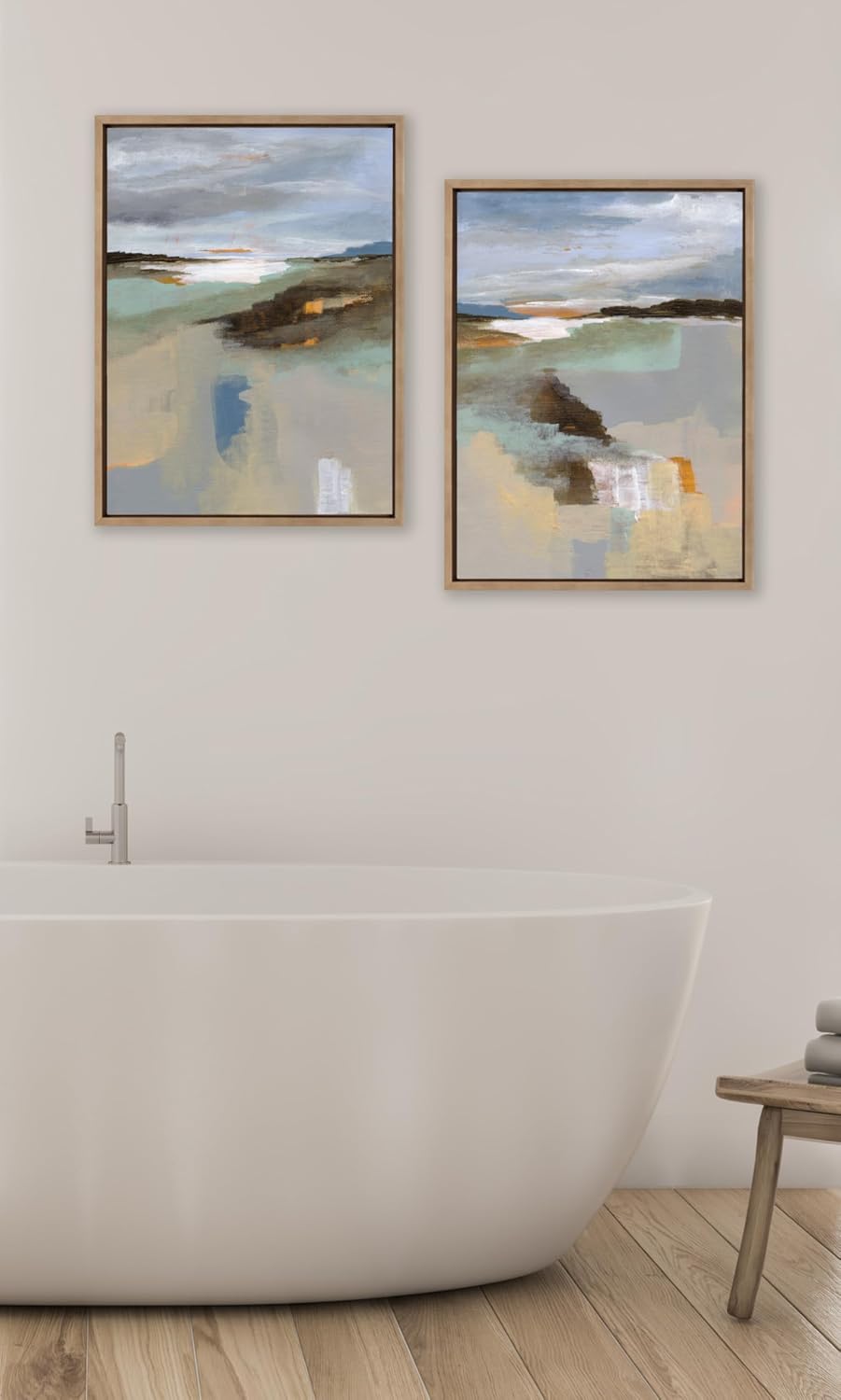 Kate and Laurel Sylvie Beaded Big Sur I and II Vintage Framed Canvas Wall Art Set by Nikita Jariwala, 2 Piece Set 23x33 White, Abstract Watercolor Landscape Art for Wall