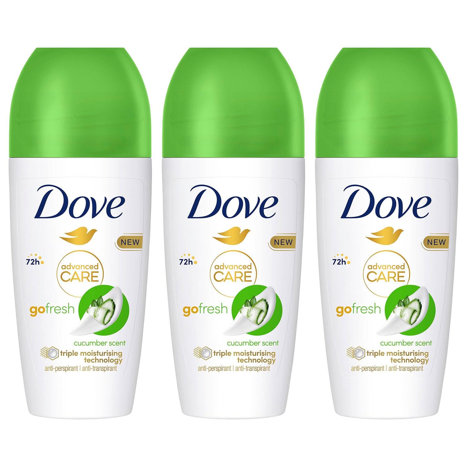 Dove Deodorant Roll On Advance Care Go Fresh Cucumber Scent 72H Odour Protection Anti-Transpirant and Anti-Perspirant for Women with Triple Moisturising Technology 50ml, 3 Pack