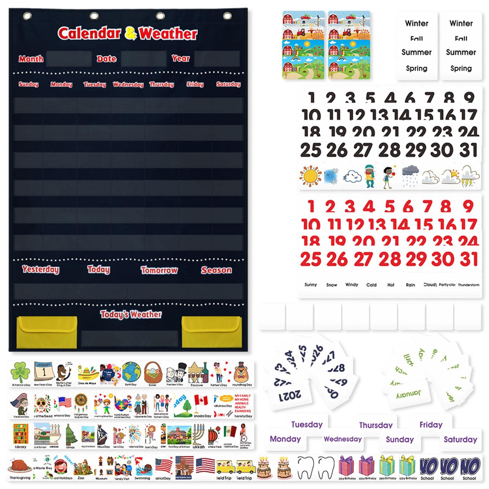 Qianly Calendrier et Tableau Météo de Poche avec 142 Cartes et 4 Crochets pour Enfants de 4 à 8 Ans