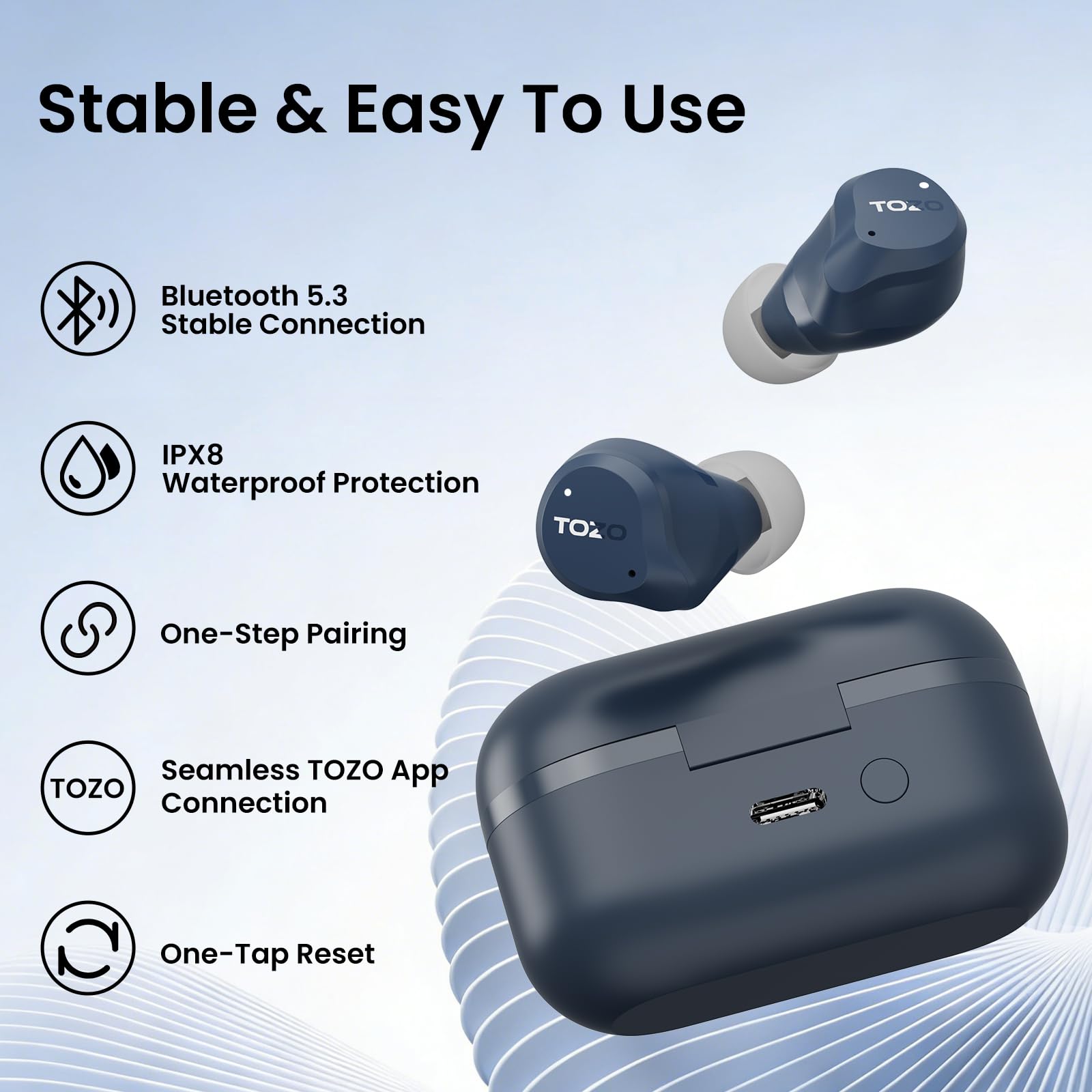 TOZO Hybrydowe bezprzewodowe słuchawki douszne z aktywną redukcją szumów, 6 mikrofonów ENC Clear Call, wodoodporność IPX8, słuchawki douszne Bluetooth 5.3, stereo, bas, 59 odtwarzania, z wyświetlaczem