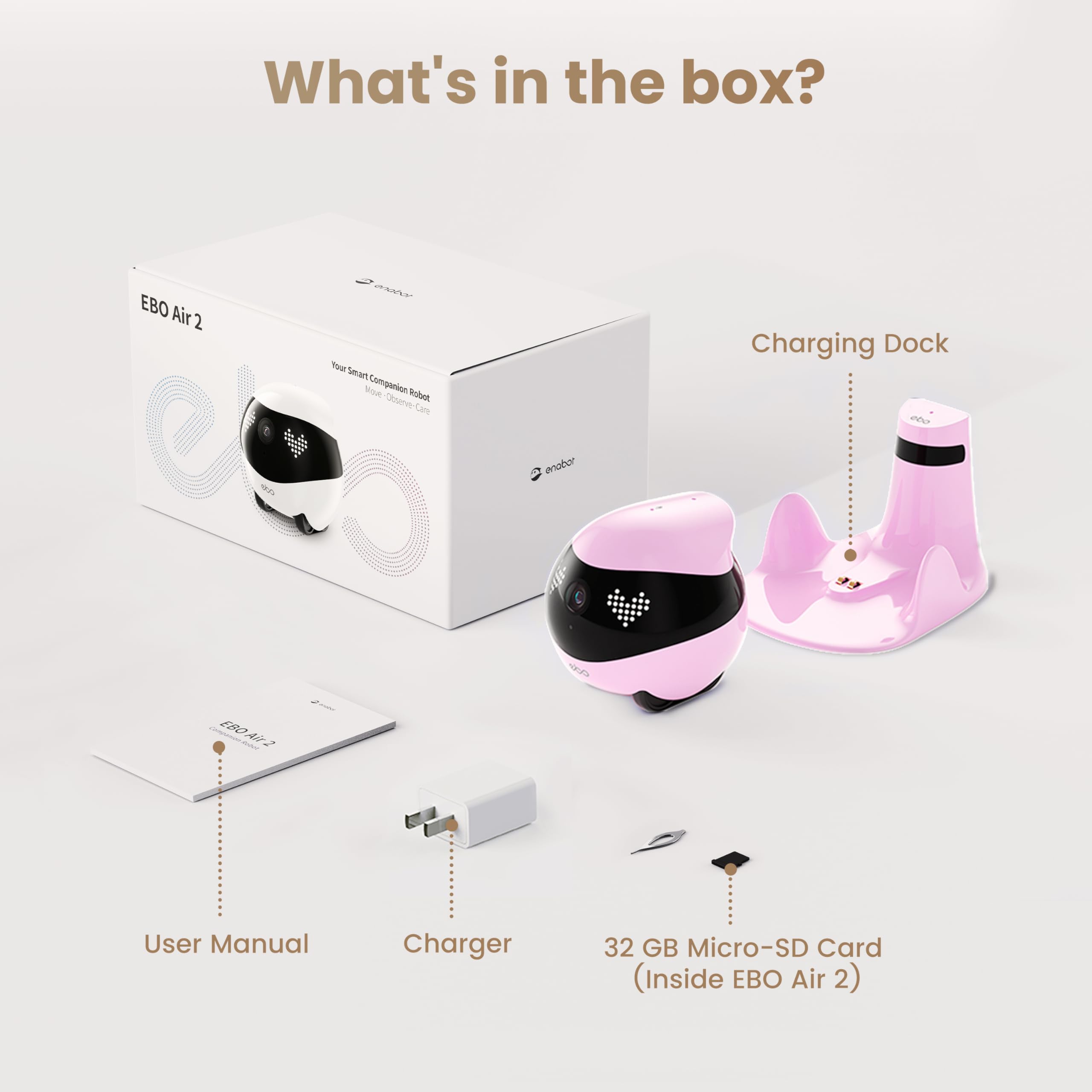 Enabot EBO Air 2 FamilyBot Robot caméra pour animaux domestiques 2K, suivi des animaux AI, grand angle 137°, recharge automatique, stockage local (rose)