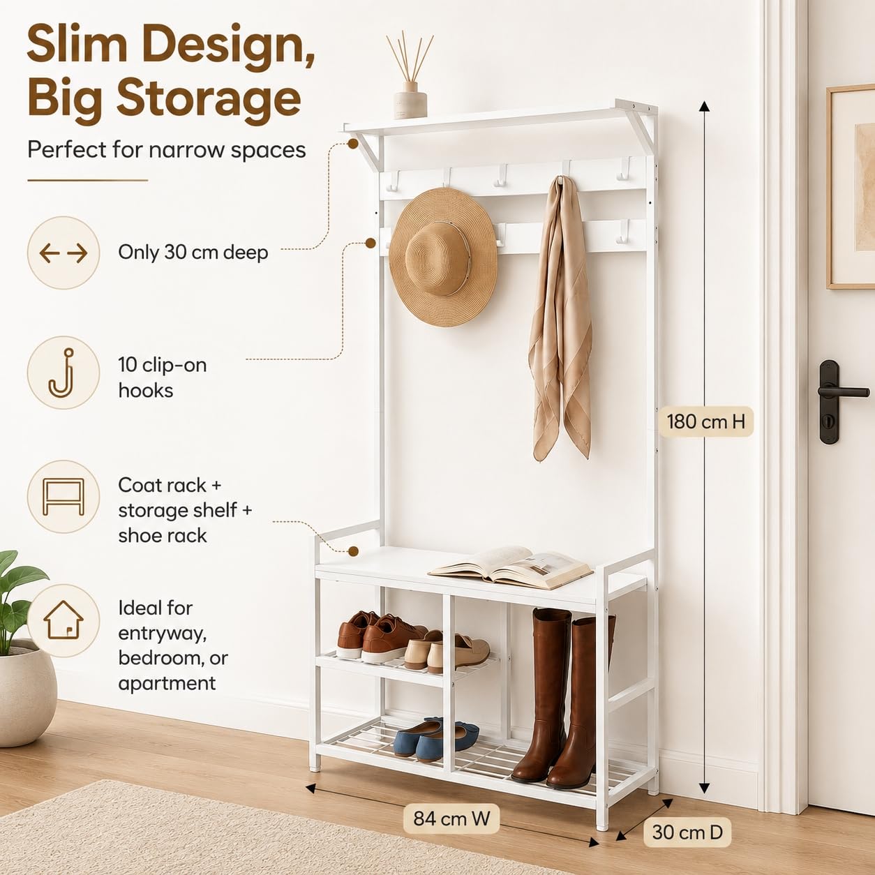 EGGREE Porte Manteau Entrée avec Rangement Chaussures, Meuble d’Entrée Blanc avec 10 Crochets Amovibles, Étagères et Kit Anti-Basculement, Portemanteau pour Couloir Chambre Dressing, 84 x 30 x 182 cm