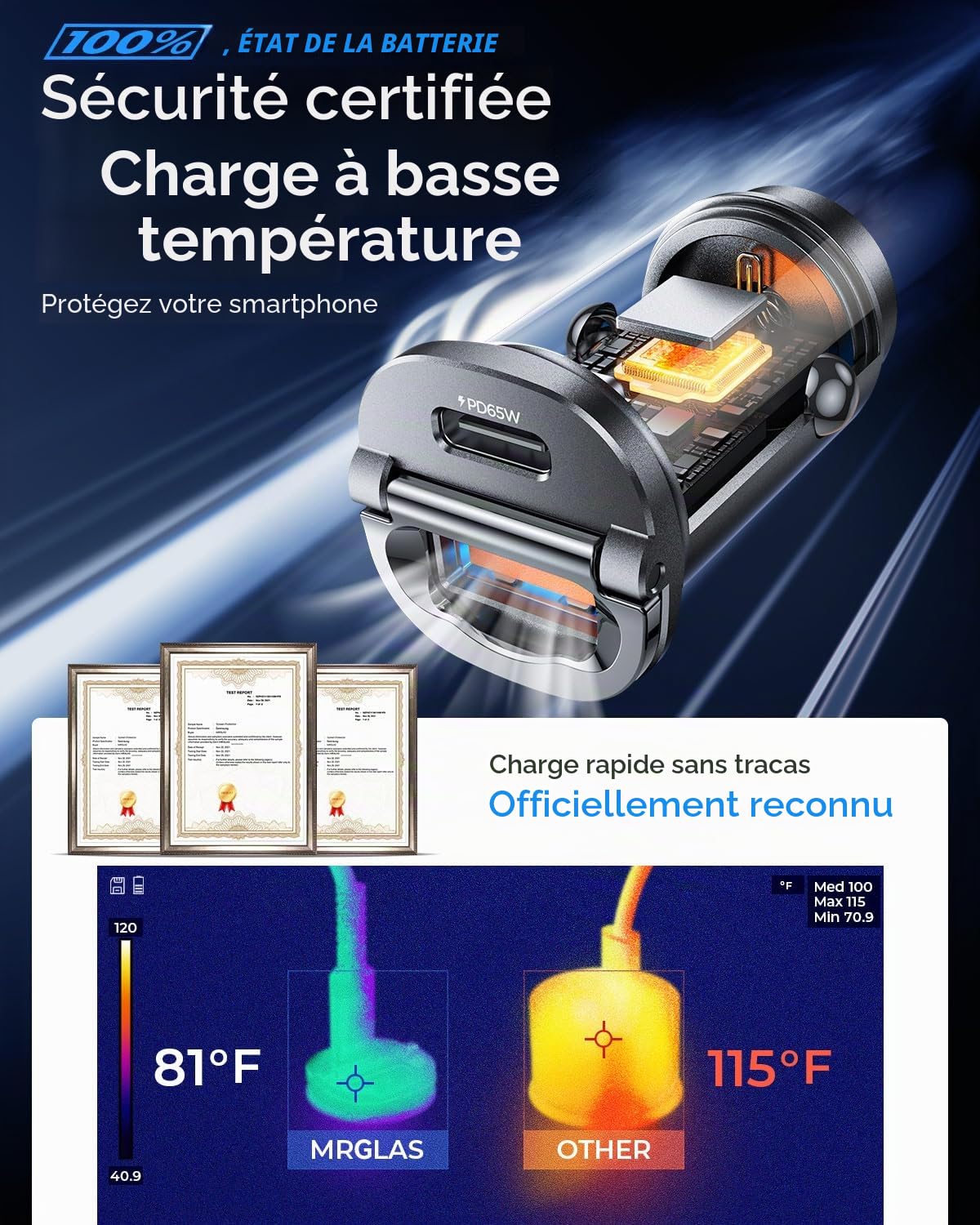 MRGLAS 125W Allume Cigare USB C [PD65W & QC60W] Charge Rapide Mini Tout métal Chargeur Voiture USB C 12v Prise Allume Cigarette Adaptateur pour iPhone 17 Pro Max Air 16 15 14, Samsung, Google, iPad