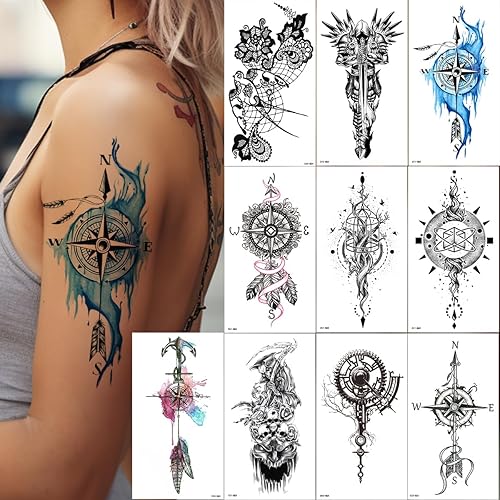 Tatuajes temporales grandes para mujeres, 10 hojas de tatuajes de brújula realistas para niñas, tatuajes de manga semipermanentes, impermeables,