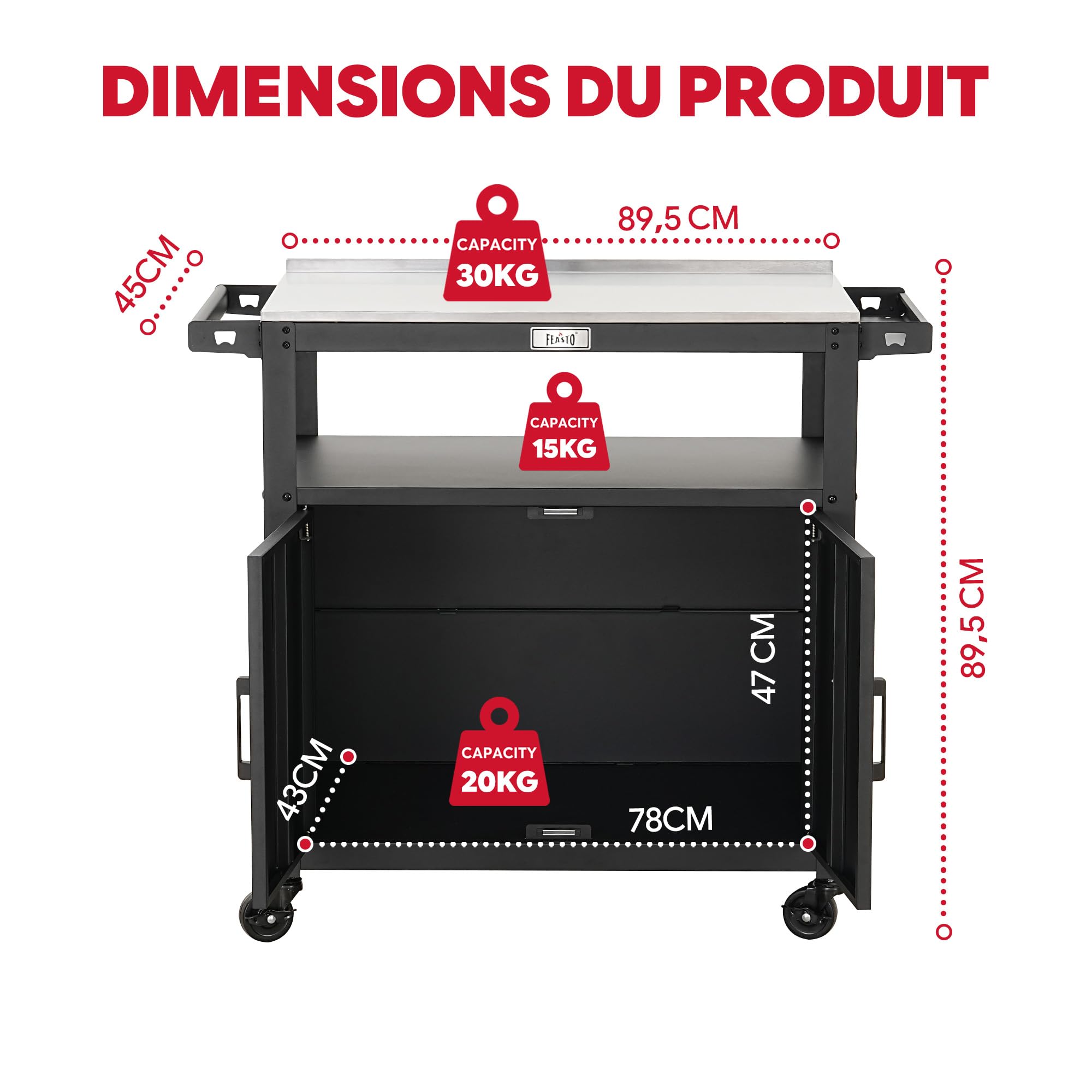 Feasto Chariot pour Barbecue avec Armoire de Rangement, 100x45x88 cm | Desserte Plancha avec Plateau en Acier Inox et 4 Roues, Idéal pour Jardin , Terrasse ou Cuisine Exterieure