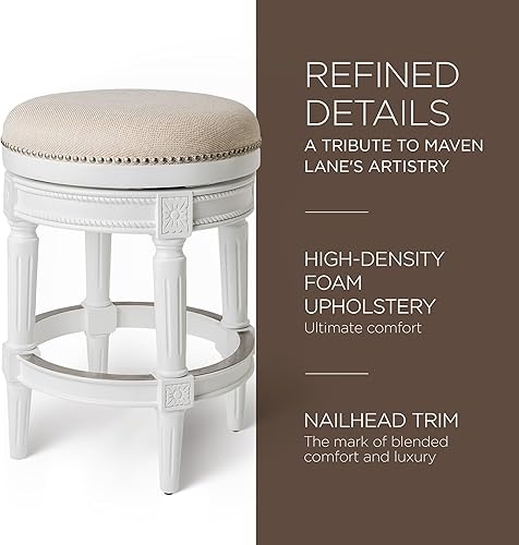 Miniatura 5 de Maven Lane Pullman Taburete de madera para encimera de cocina de 25 pulgadas con giro de 360 grados, acabado blanco alabastro y tela crema, diseño