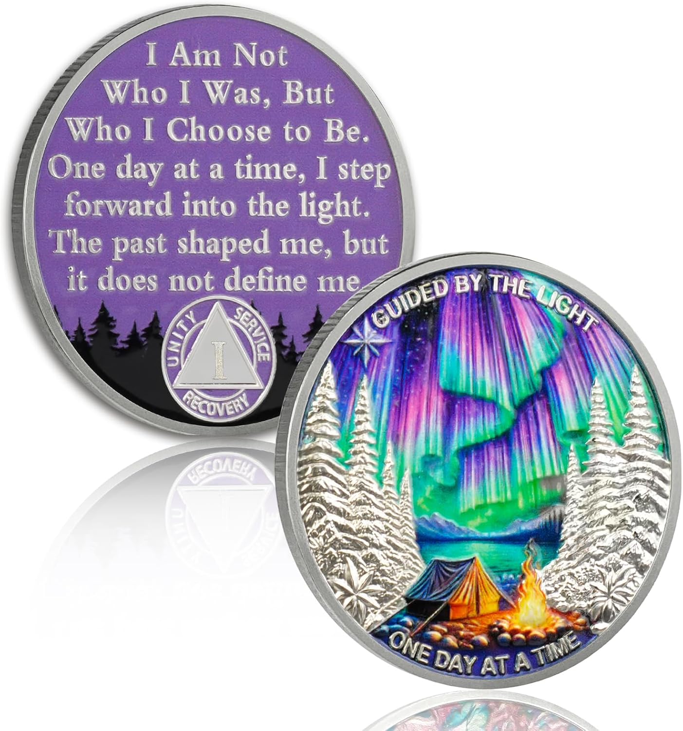 Guided by Northern Lights 1 Year Sobriety Coin - One Day at a Time AA Coin, Alcohol Free One Year Recovery Chip with Token Capsule, Sobriety Gifts for Men Women