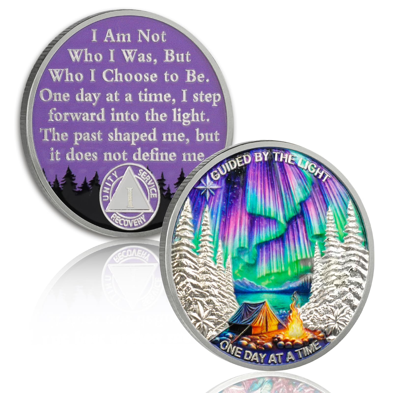 YRCKUDZKG Guided by Northern Lights 1 Year Sobriety Coin - One Day at a Time AA Coin, Alcohol Free One Year Recovery Chip with Token Capsule, Sobriety