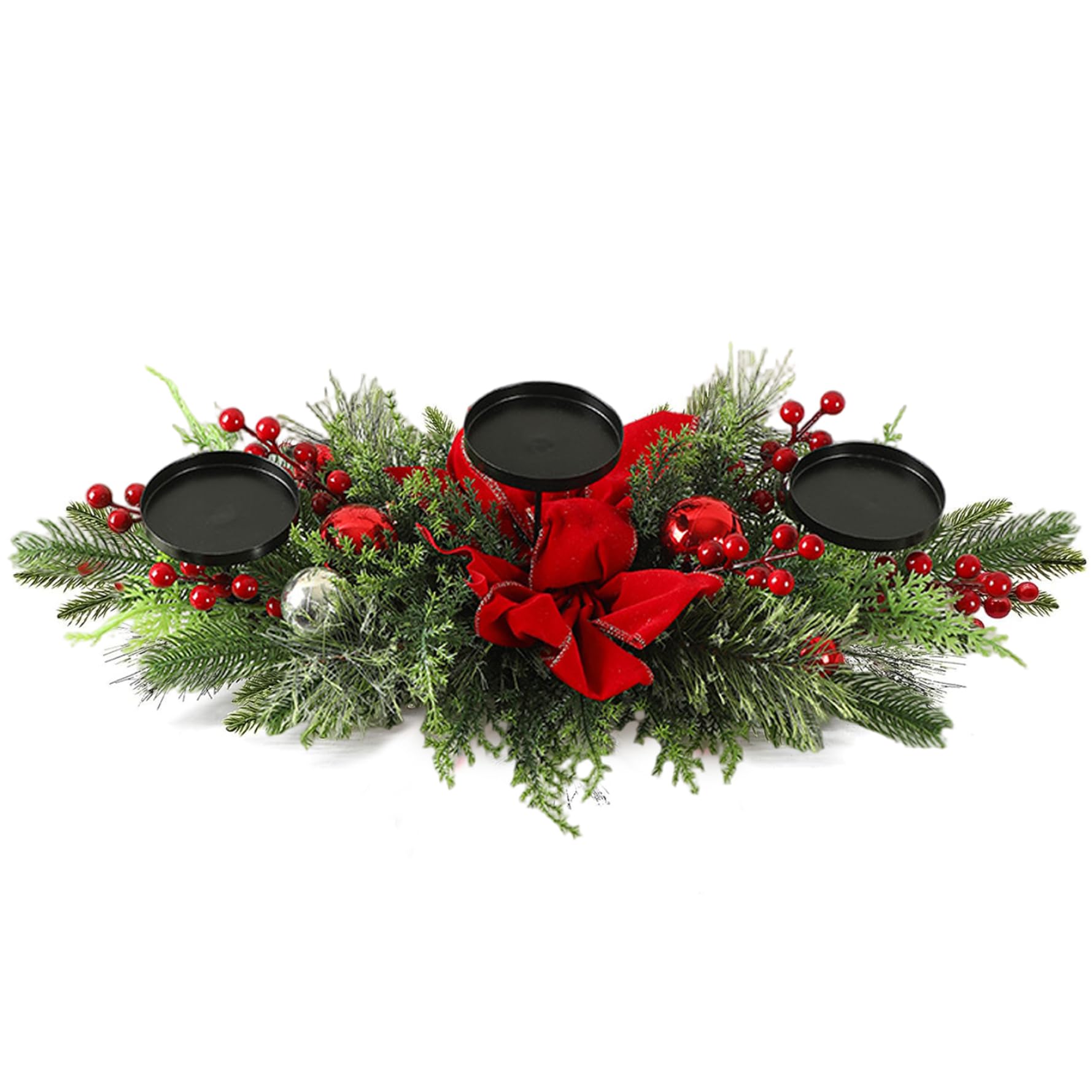 Portacandele natalizio con 3 vassoi Centrotavola natalizio con fiocco, palline, bacche e aghi di pino per decorazioni natalizie per la tavola delle feste