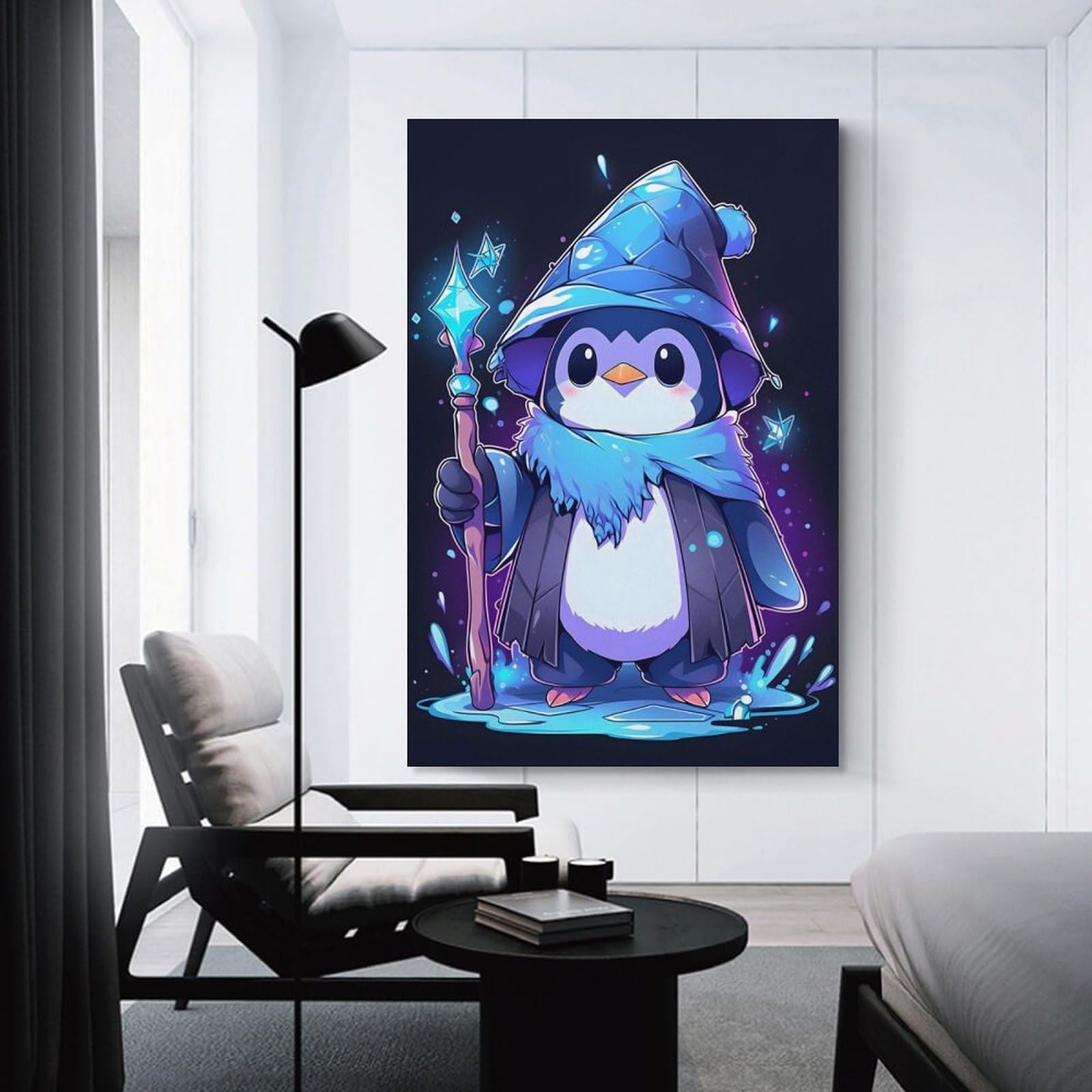 Junmoney Canvas Wall Picture Penguin Wizard Magic, 20x30inch(50x75cm), for Home Lounge, Bedroom Or Reading Nook, A Home Accent with Warm Character