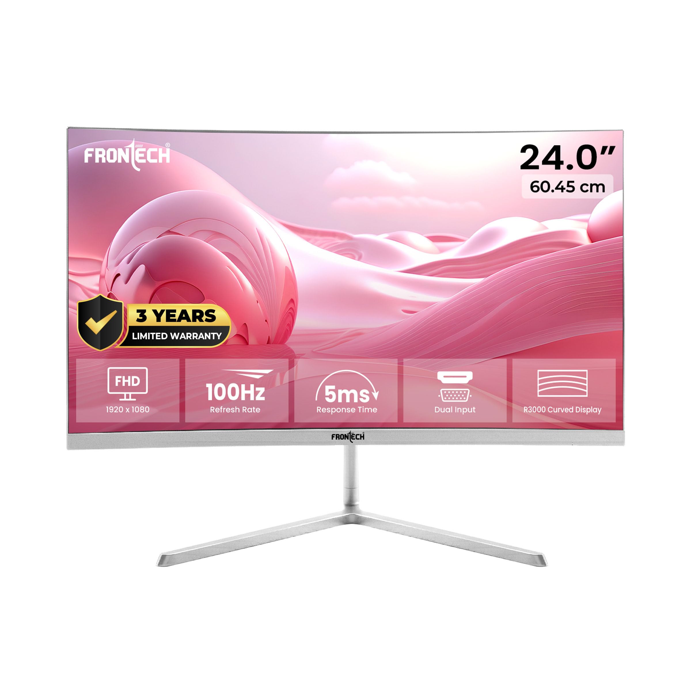 FRONTECH Ultima Series 24 Inch Curved LED Monitor| Refresh Rate 100Hz, VA Panel, 1800R Curve | Full HD 1080p, Bezel Less Design | HDMI & VGA Ports (MON-0080, White)