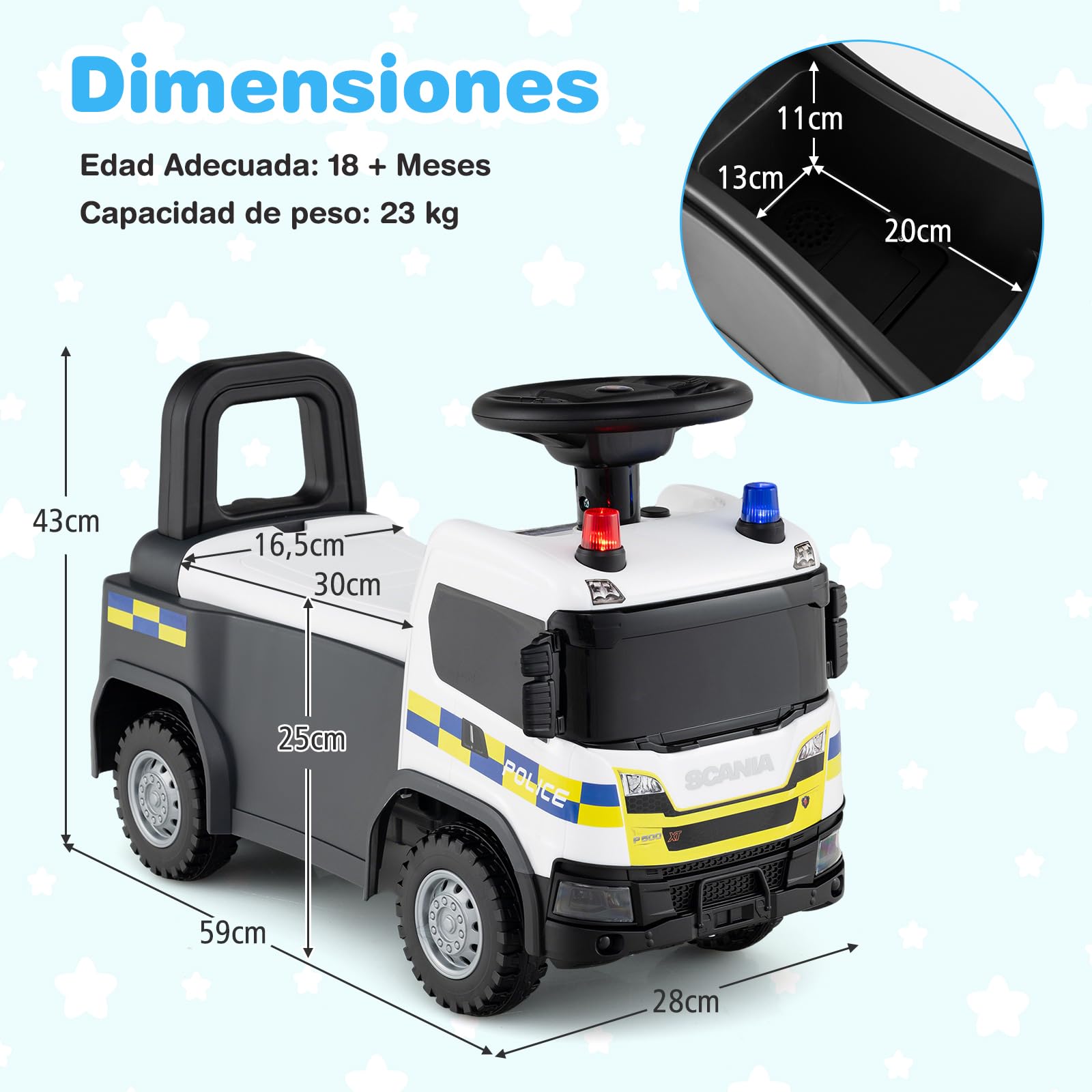 COSTWAY Correpasillos Bebé, Coche Correpasillos para Niños con Bocina, Música, Sonidos y Luces de Bombero/Construcción/Policía, Andador con Almacenaje para Niños de 18+ Meses (Blanco)