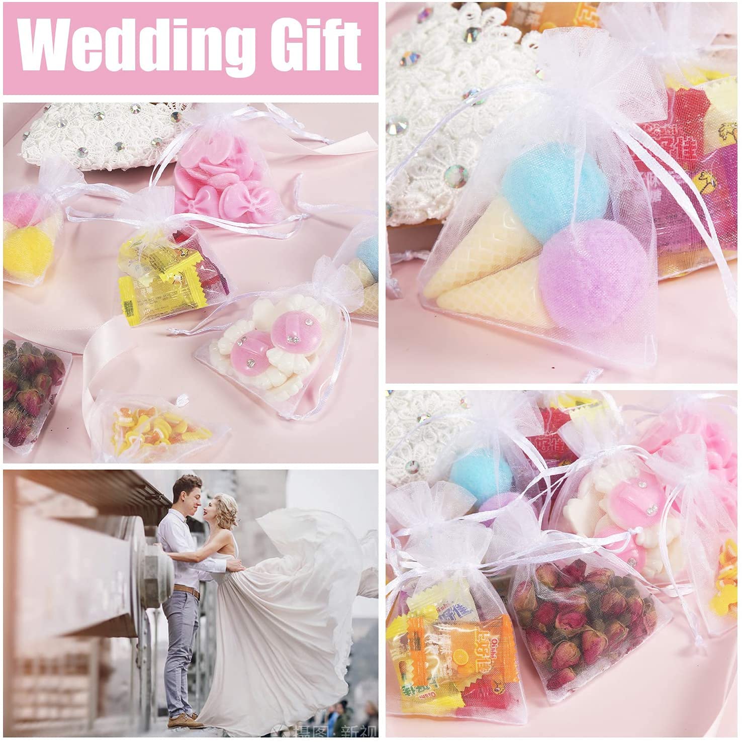 Intckwan 100 bolsas de organza blancas de 10 x 15 cm, bolsas de organza para regalo, joyas para bodas, fiestas, festivales, fiestas y bodas, cordón de satén
