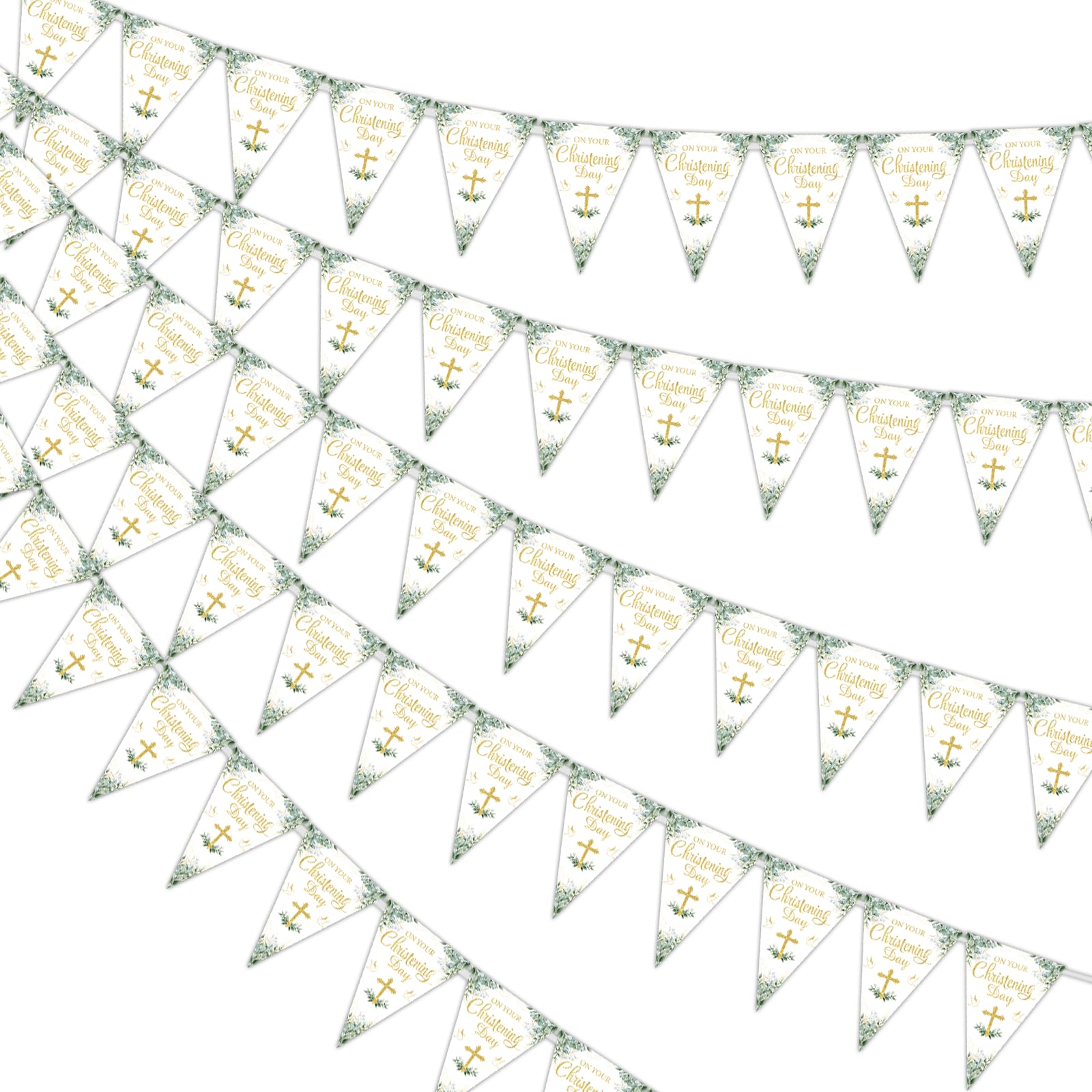 Funmemoir Christening Decorations Sage Green - 3pcs Christening Banners, Pre-assembled Baptism Flag Bunting for Boys Girls God Bless First Holy Communion Decorations