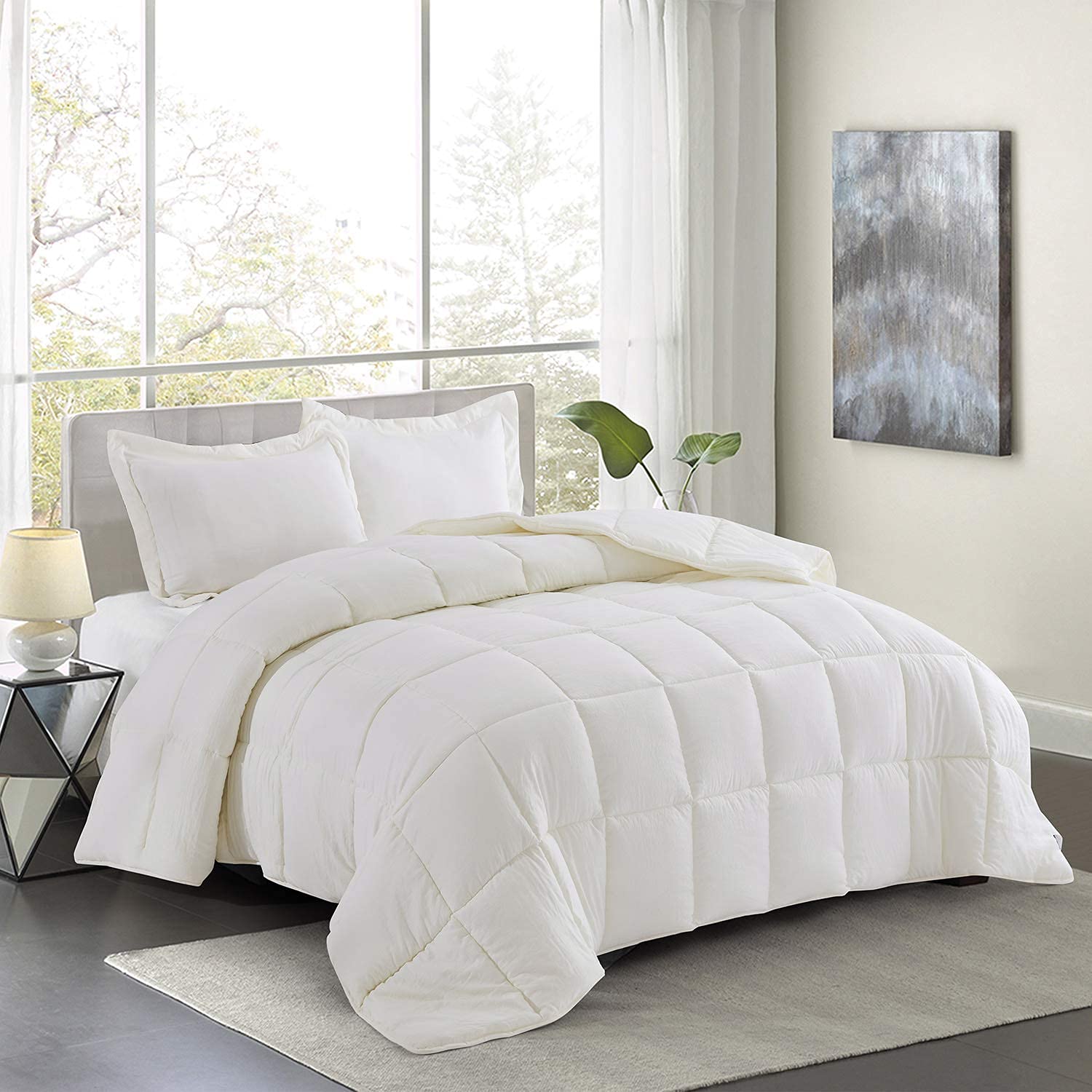 HIG Pre Washed Down Alternative Comforter Set Twin - Reversible Chic Quilt Design - Box Stitched with 4 Corner Tabs - Lightweight for All Season - Ivory Duvet Comforter with 2 Pillow Shams