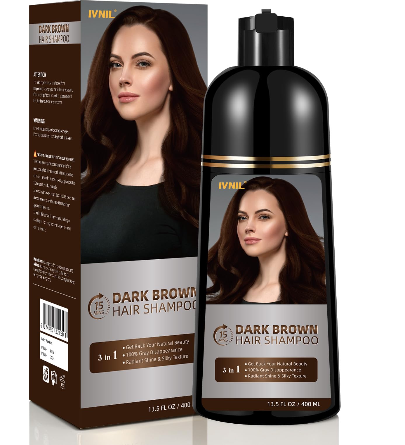 Ivnil Dark Brown Hair Dye Shampoo for Gray Hair Coverage Herbal Hair Color Shampoo 3 in 1 Permanent Shampoo Para Canas Champu Con Tinte for Women and Men - Ammonia free, Instant Result - 400ML
