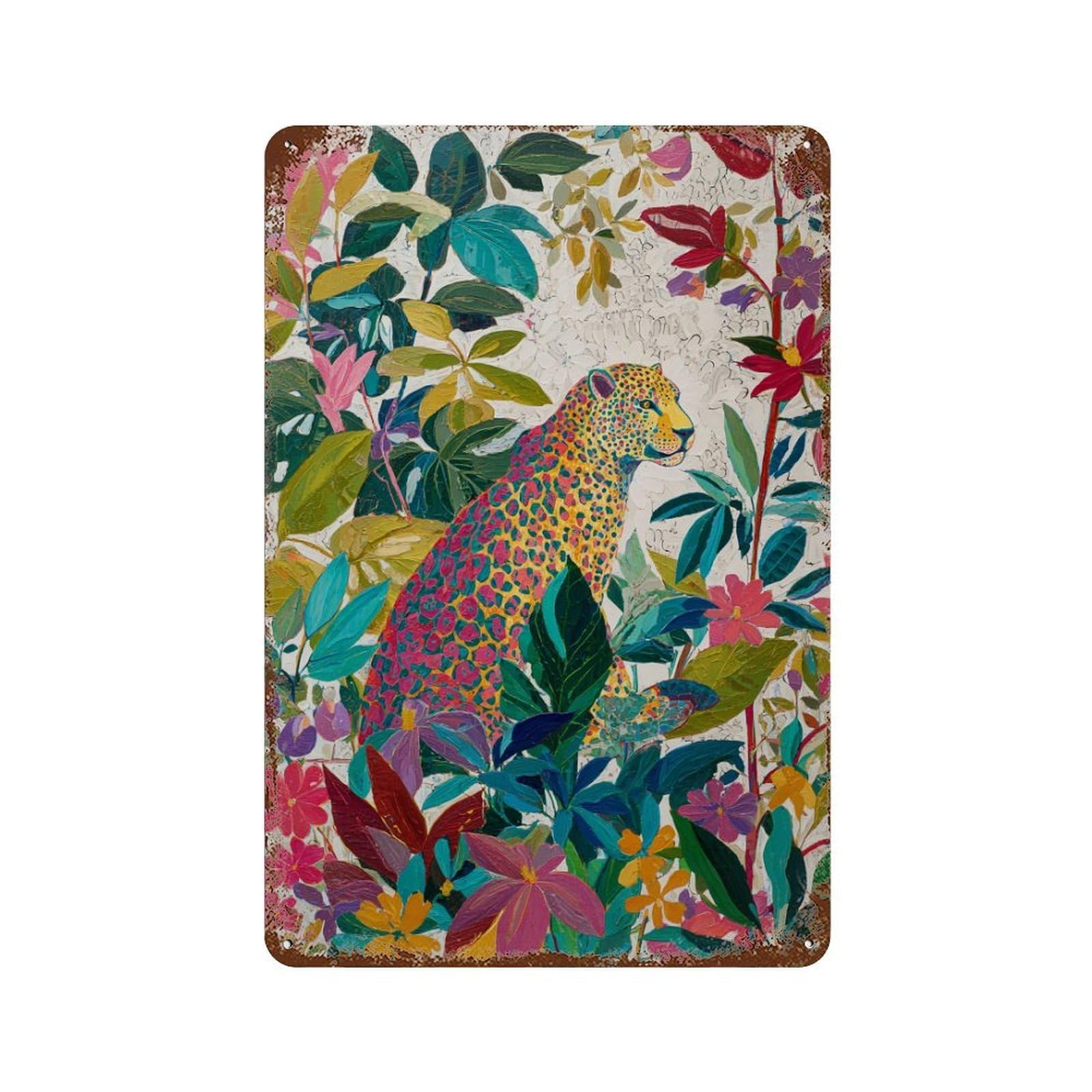 Decorative Tin Sign Colorful Leopard in Jungle 11.8"x7.9", Decorative Metal Wall Art for Garage, Bar And Workshop Decor