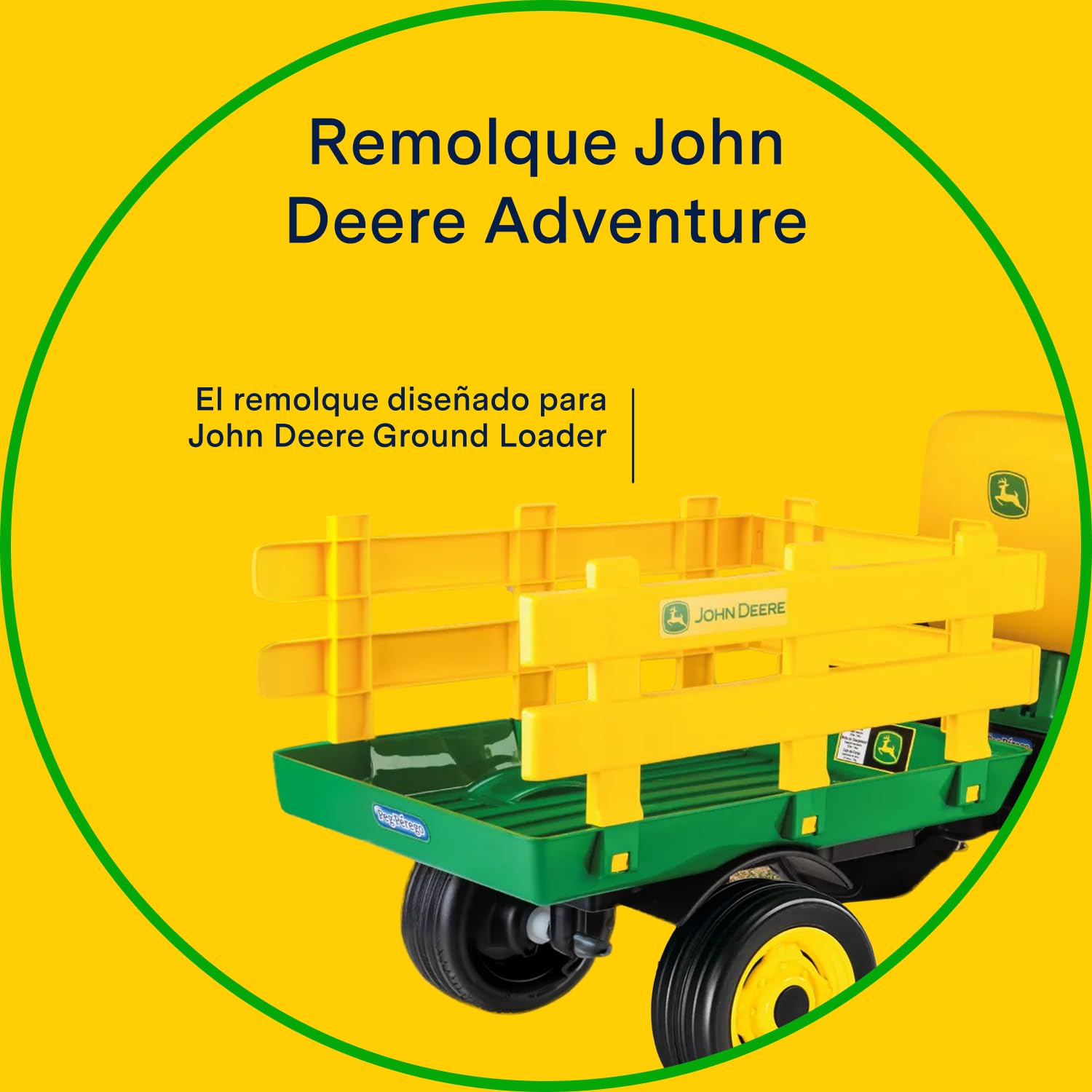 Peg John Deere Stake-Side Trailer, Remolque de Dos Ruedas para Tractor Eléctrico Ground Loader, Capacidad de Carga 10 kg, para Niños a Partir de 2 Años