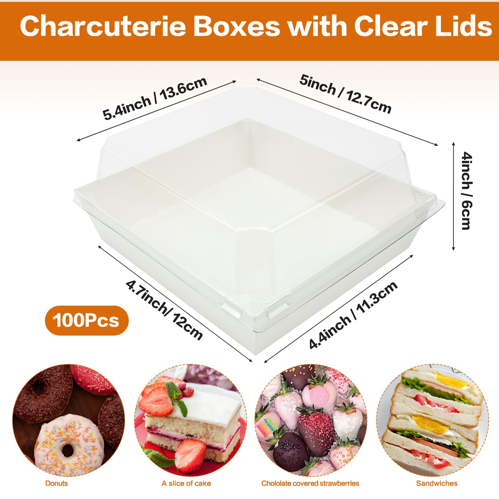 Nexboraque 100 Pack Small Charcuterie Boxes with Clear Lids, 5 Inch White Disposable Square Paper Bakery Dessert Sandwich Box Mini to Go Food Containers for Cookie, Sushi, Cake Slice, Muffins