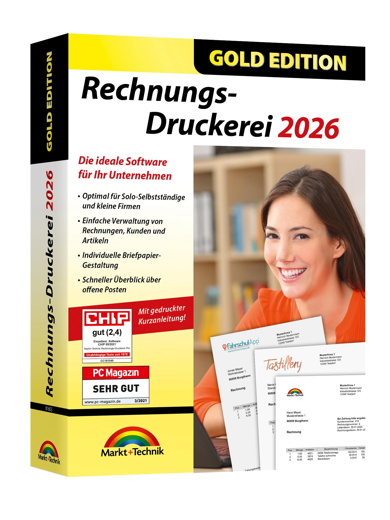 Rechnungsdruckerei 2026 Gold Edition – Rechnungsprogramm für Unternehmer, Handwerker, Kleingewerbe - Rechnungen mit eigenem Logo, Kunden und Artikel verwalten - kompatibel mit Windows 11, 10, 8.1, 7
