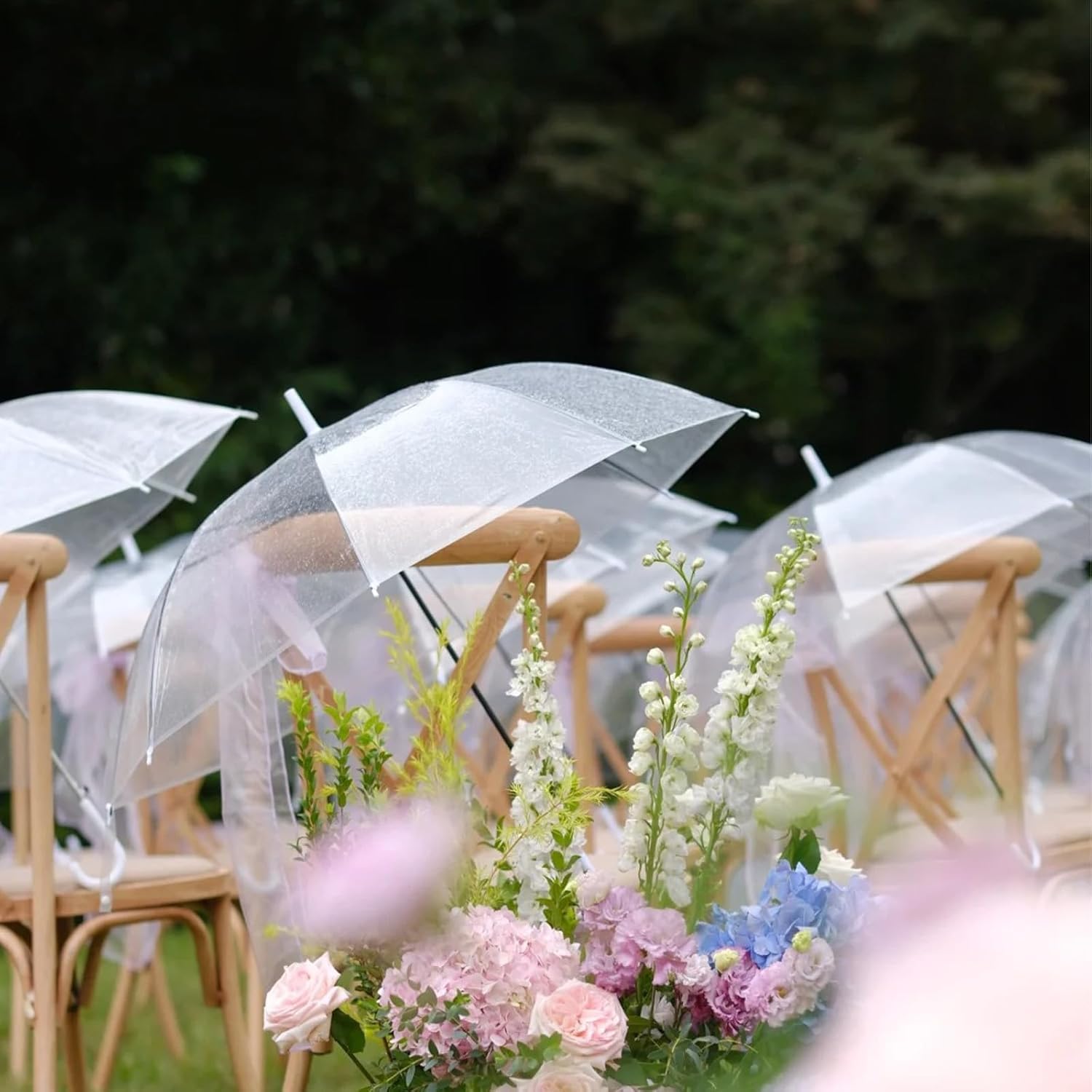 Confezione da 12 ombrelli trasparenti per matrimonio con apertura/chiusura automatica, antivento e impermeabili, con manici bianchi a forma di J, ideali per spose e sposi, fotografia e all'aperto e