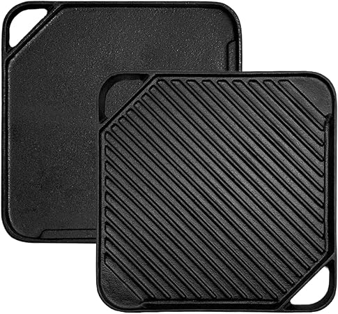 Cast Iron Reversible Grill/Griddle, 10.5-Inch Double Handled Cast Iron Stovetop