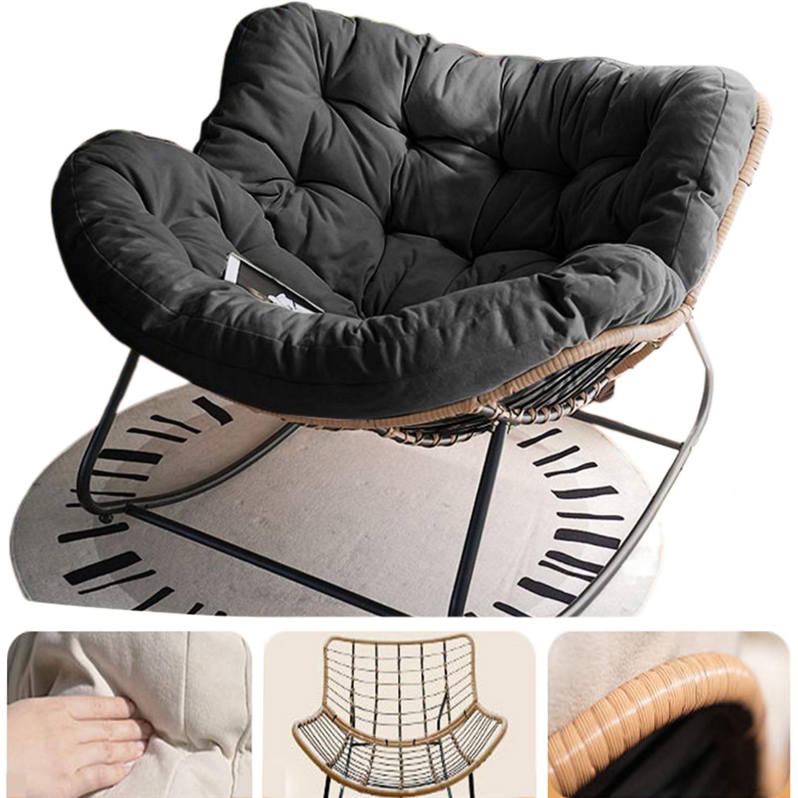 Comoda sedia a dondolo da esterno, in rattan intrecciato, con cuscino spesso, delicata sulla pelle, per il tempo libero, per adulti, perfetta per camera da letto e soggiorno (nero, S)