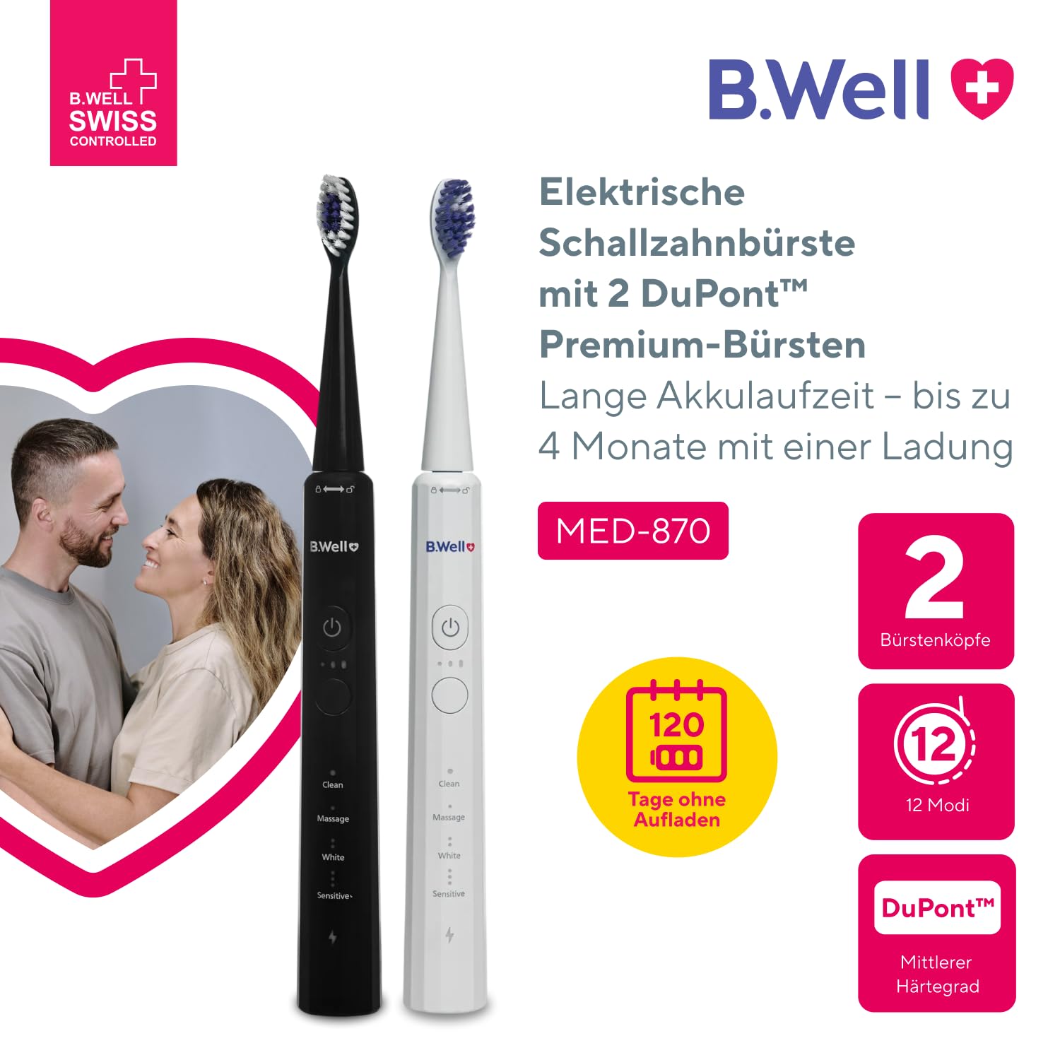 B.Well MED-870 Schallzahnbürste | 12 Reinigungsmodi & 4 Monate Akku | Schweizer Qualitätsstandards: 12 Modi, 2-Minuten-Timer mit 30-Sek.-Intervall, Induktionsladung und 2 farbige Bürstenköpfe.