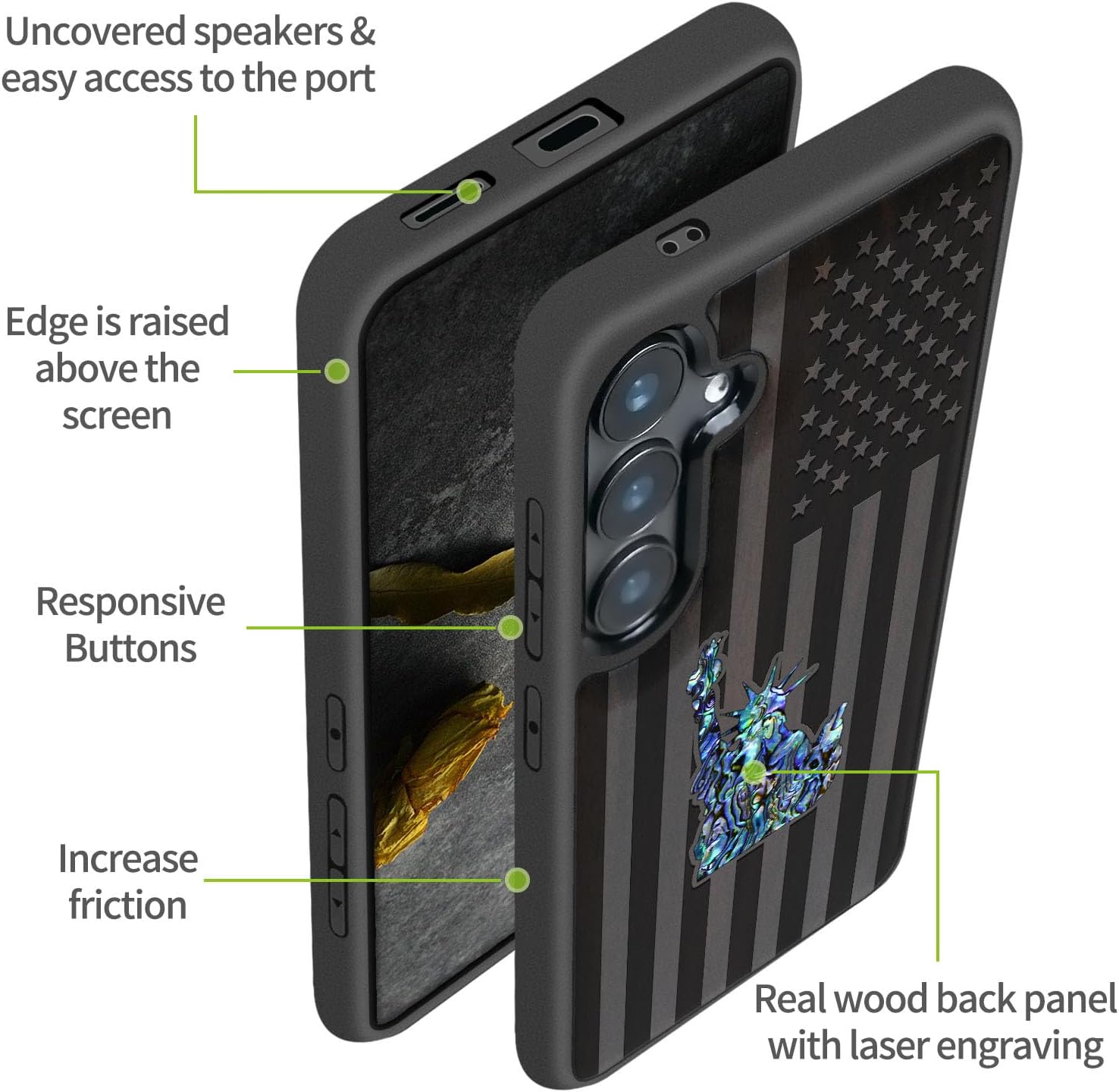 Carveit Magnetic Wooden Case for Galaxy S25+ / S25 Plus Case, Wood Artisan Engraved & Handmade Shell Inlaid, Compatible with MagSafe Wireless Chargers (Statue of Liberty and Flag) Blackwood