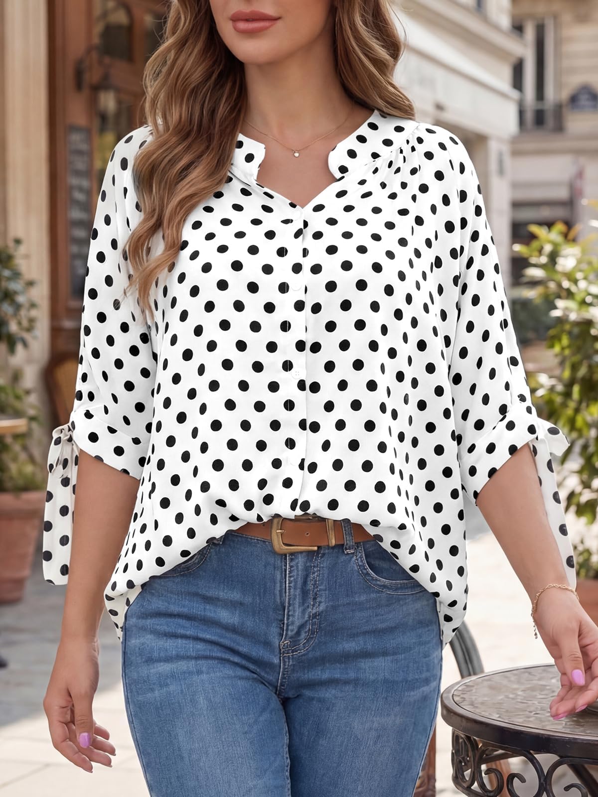 Cicy Bell Bluse Damen Punkte V Ausschnitt T-Shirts Button Down Sommer Tunika Tie Halbarm Top Lässige Oberteile