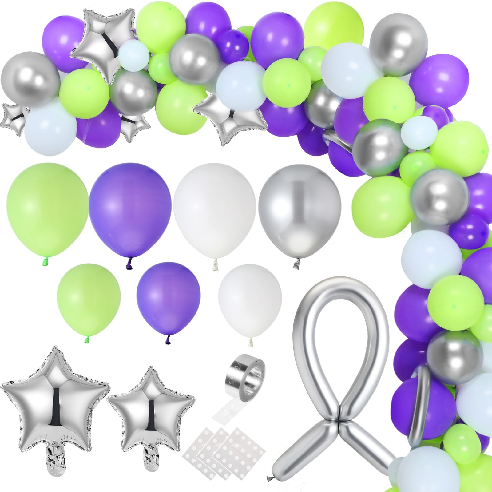 134 Pieces Buzz Birthday Party Balloon Garland Arch Kit 10 5 inch Purple Green Silver Star Foil Balloon for Buzz Themed Birthday Party Decorations
