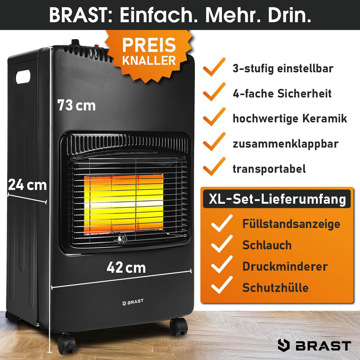 BRAST Gasheizer Keramik Vulkan 4200W | 3 Heizstufen | inkl. Schutzhülle Druckminderer mit Schlauch & Füllstandsanzeige | klappbar & mobil | für Gasflaschen bis 15kg | Gasheizung Heizstrahler Heizgerät