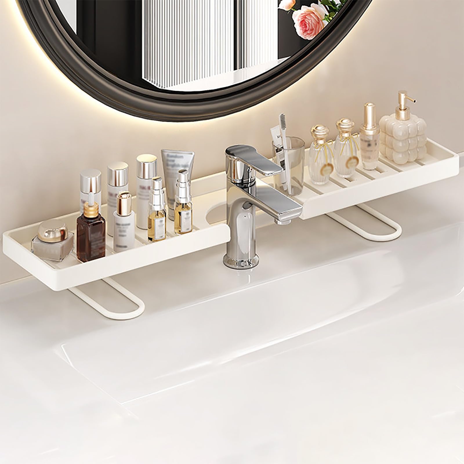 Waschbeckenablage, Wasserhahn-Organizer für Badezimmer, Leicht zu Entleeren, Robust und Langlebig, Platzsparend(White,50cm/19.7in)