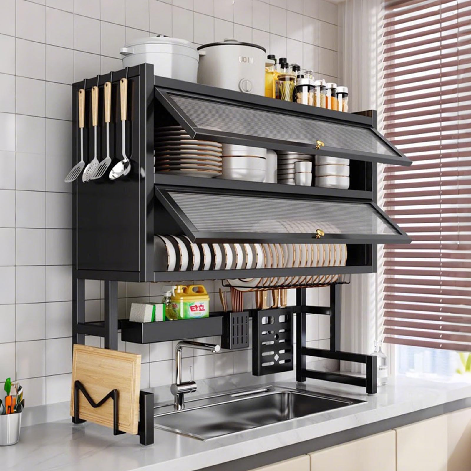 SofaHills Over Sink Dish Drying Rack 2 Tier Stainless Steel Dish Drainer with Cover and Utensil Holders Large Capacity Space Saving Kitchen Organizer