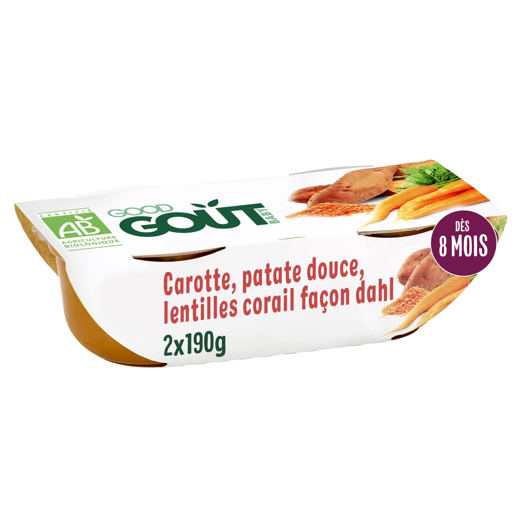 GOOD GOÛT - Carottes, Patates Douces, Lentilles Corail Façon Dahl - Plat Cuisiné Pour Bébé - Dès 8 Mois - Purée Moulinée - Fabriqué En France - Bols Micro-​Ondables - 2x190g