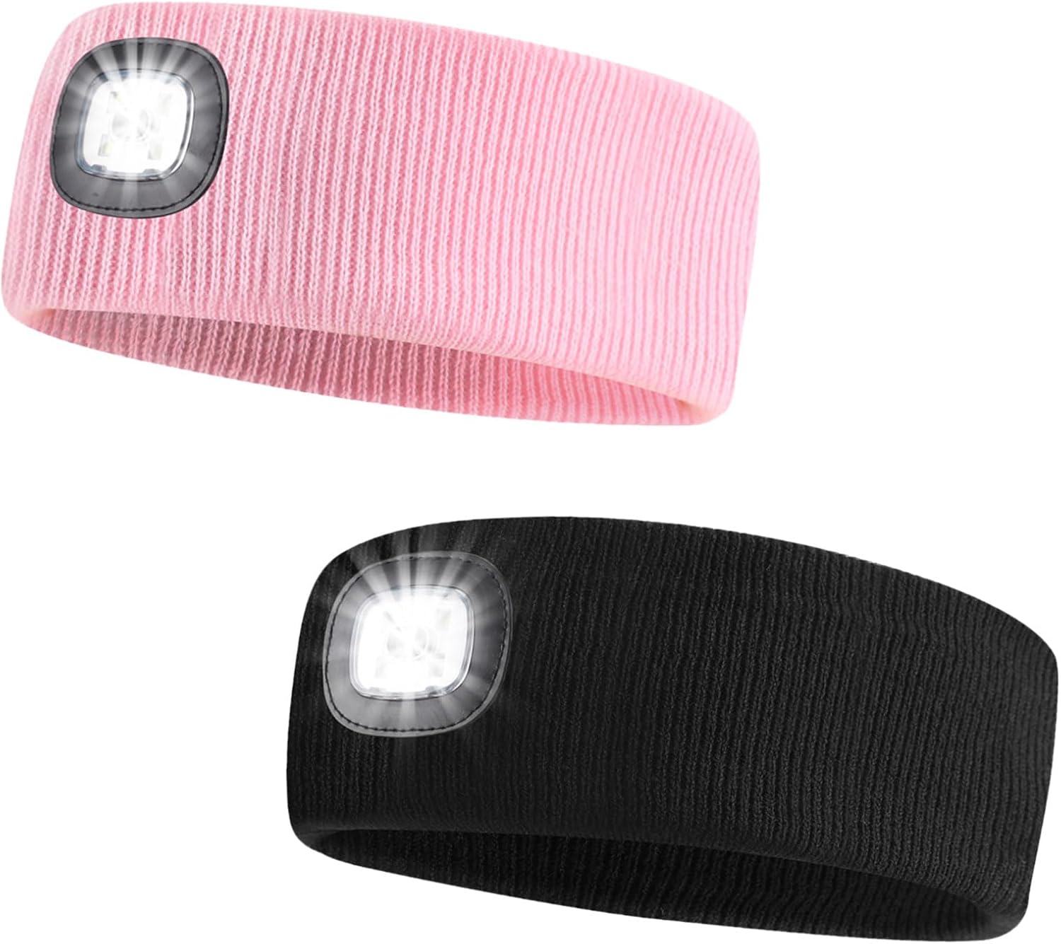 SUNPRO 2 Pack Sports Headband with LED Light, Beanie with Light, Unisex Knit Lighted Hat, USB Rechargeable Headlight Cap, Warm Winter Gifts for Men and Women