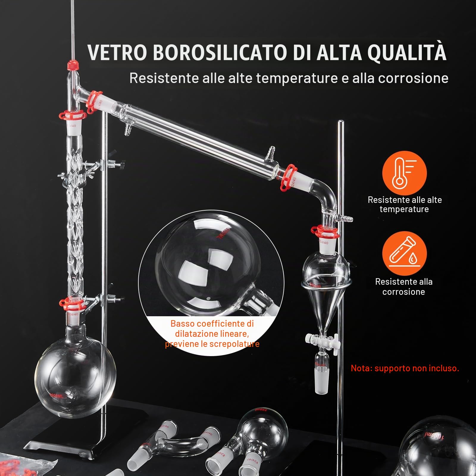 VEVOR Kit di distillazione da laboratorio, kit di distillazione 3.3 Boro con 24, 40 giunti, distillazione di oli essenziali da 1000 ml, set di attrezzature per vetreria da 29 pezzi