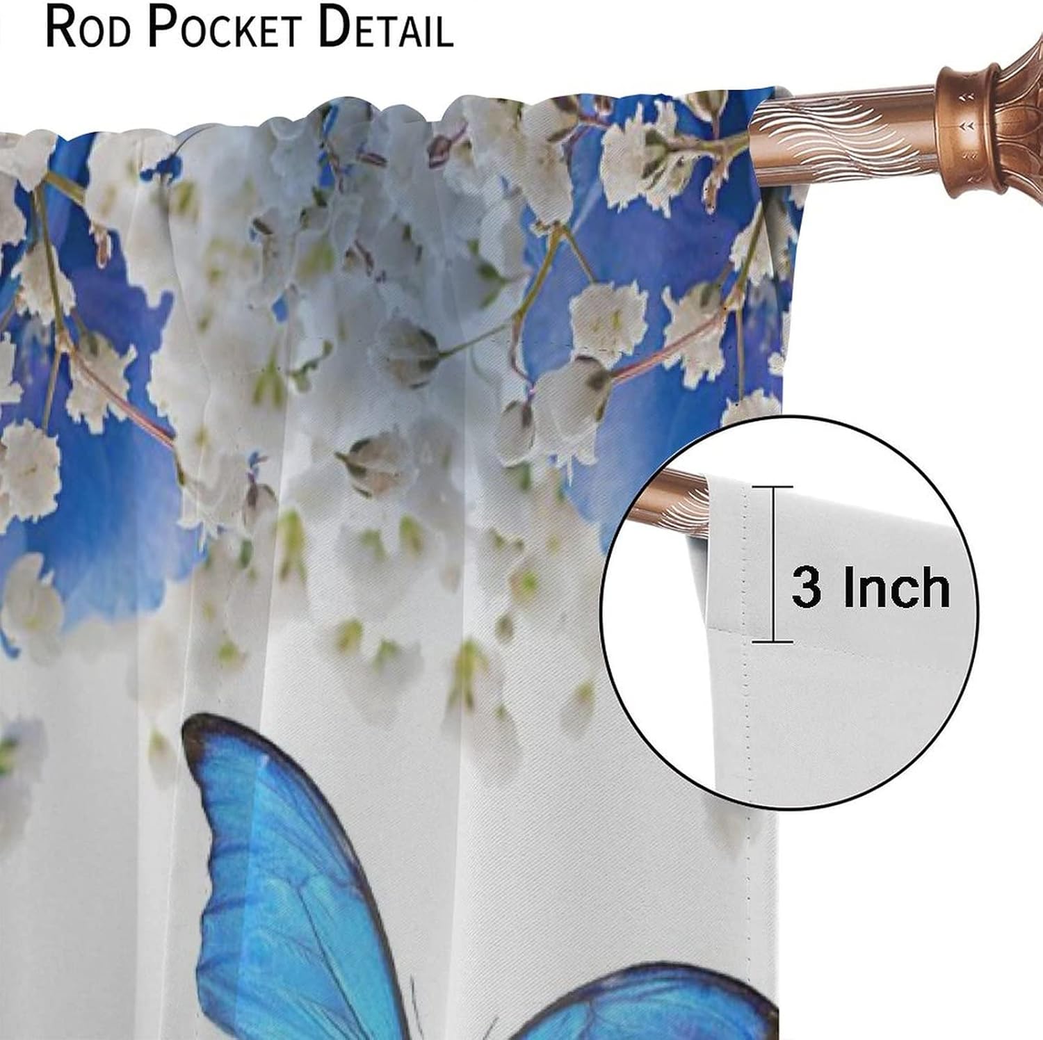 Butterfly Blackout Window Curtains, Blue Butterfly Flowers Romantic Floral Window Decorative, for Living Room Bedroom 21(W)*63(L) 2 Panels