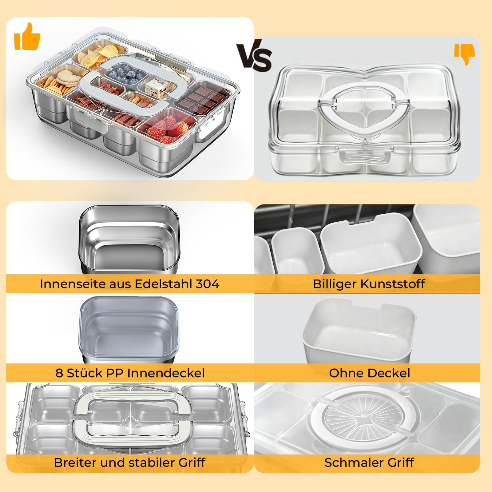 HiTauing Caja para aperitivos con 8 compartimentos de acero inoxidable, plato de aperitivos con asa y 8 tapas individuales, evita la transferencia de olores Ldeal, fácil de limpiar