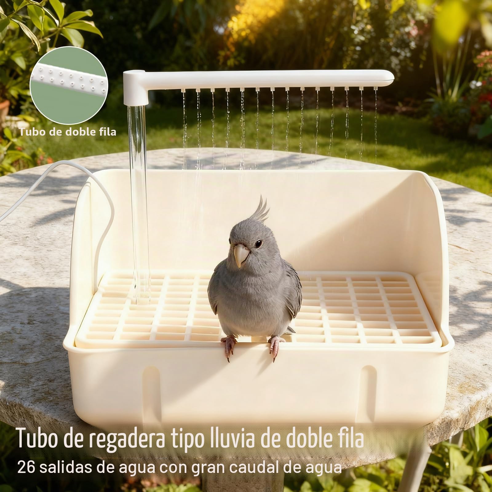 Ducha para pájaros, periquito, bañera con tubo de doble fila y 26 salidas de agua, jaula de baño para pájaros, ducha multifuncional con varios grifos para loros y pequeños