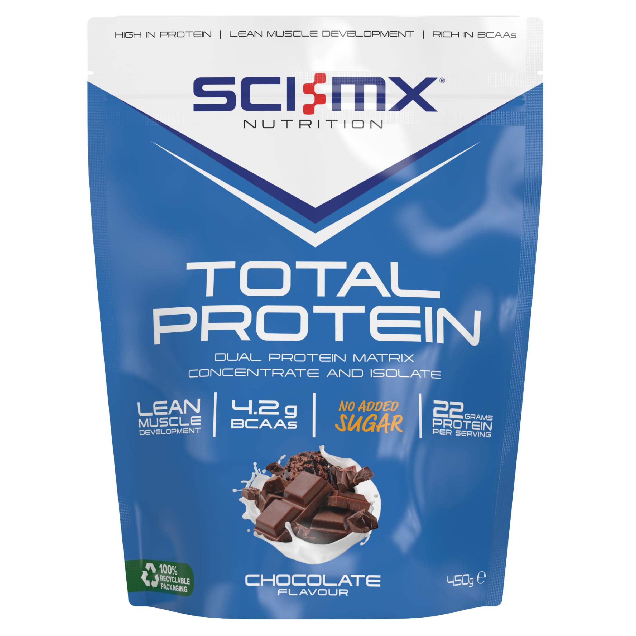 SCI-MX Total Protein - Concentrate & Isolate Powder - Lean Muscle Development - Chocolate • No Added Sugar • 4.2g BCAAs + 22g Protein per Serving • 450g