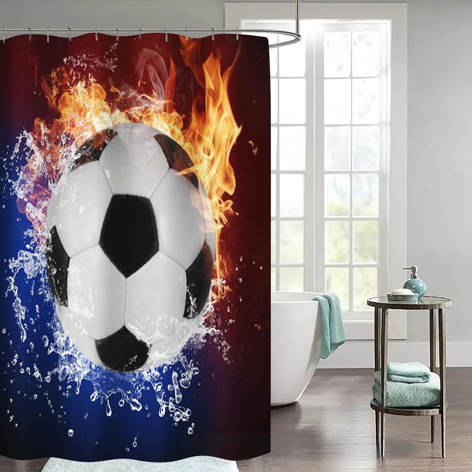 Fußball Duschvorhang 180x180 180x200 Sport Thema Fußball Duschvorhang Textil 3D Fußball Duschvorhänge Mit 12 Ringen Für Jungen, Kinder (1,180 x 200 cm)