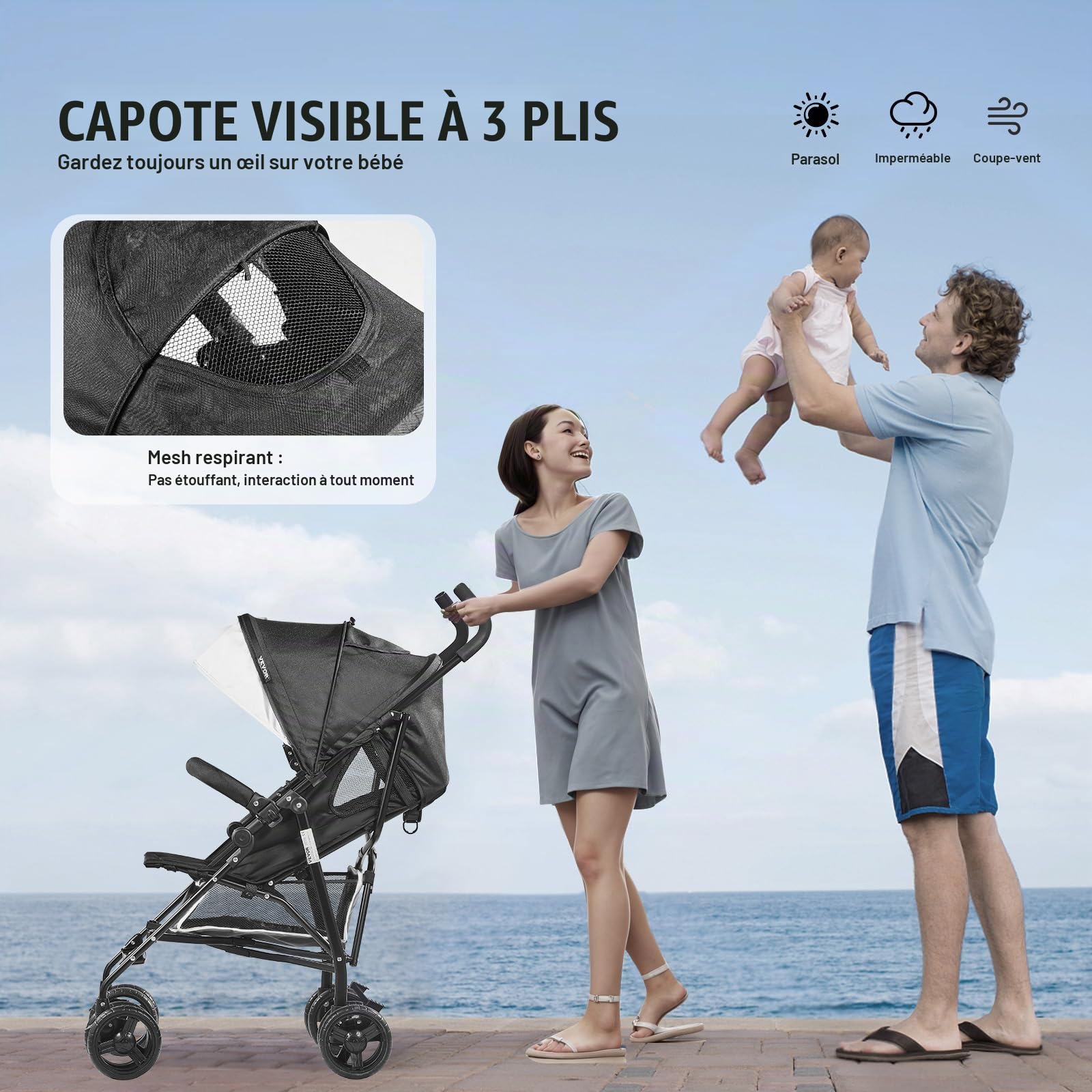 VEVOR Poussette légère pour bébé, poussette pour tout-petit compacte avec dossier inclinable multipositions, cadre en acier au carbone, grand panier de rangement, pour nouveau-né, voyage, noir blanc