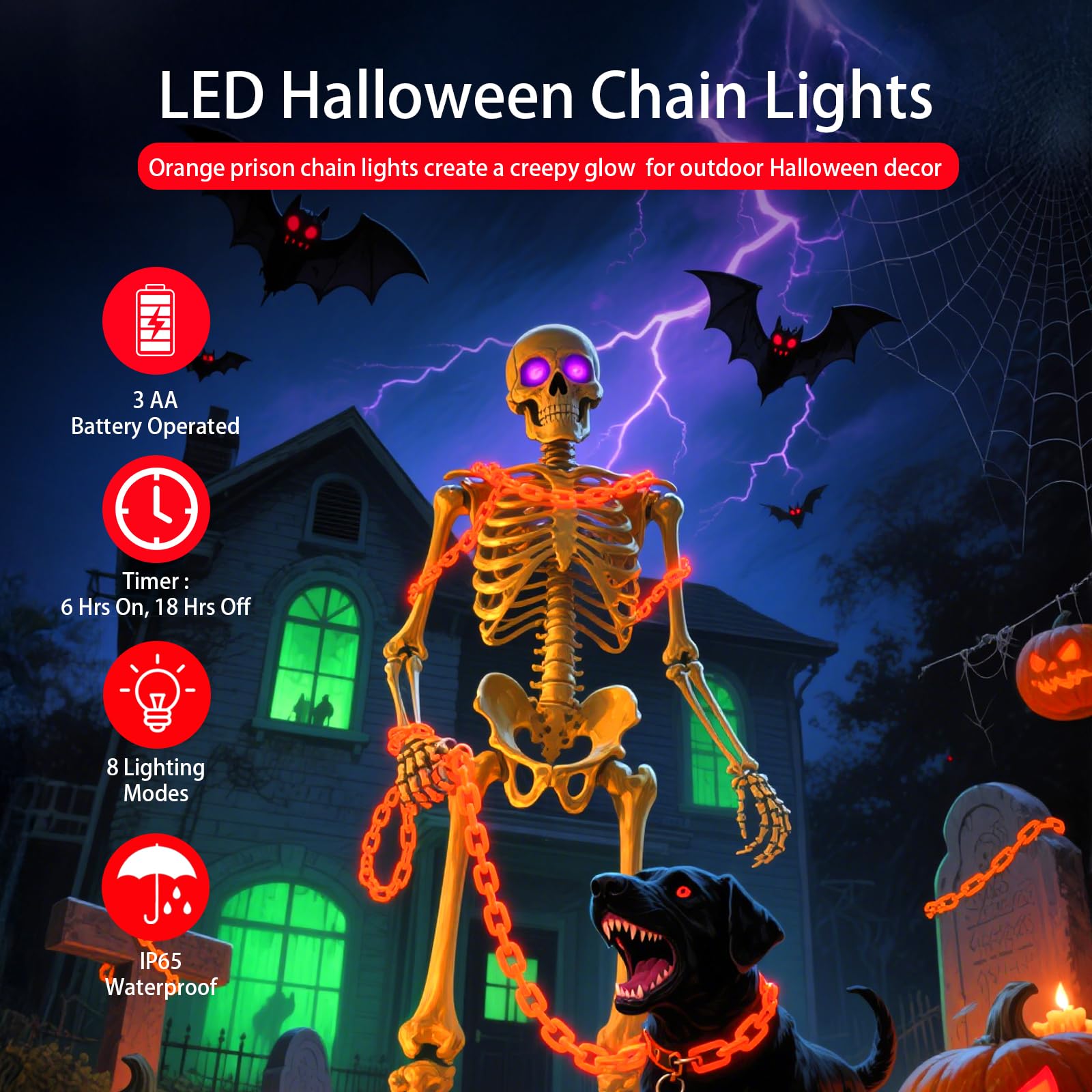 Luci di Halloween a batteria, timer 102 LED arancione prigione catena luci, 8 modalità impermeabili decorazioni di Halloween all'aperto interni casa infestata, zucca, portico, cortile, decorazione per