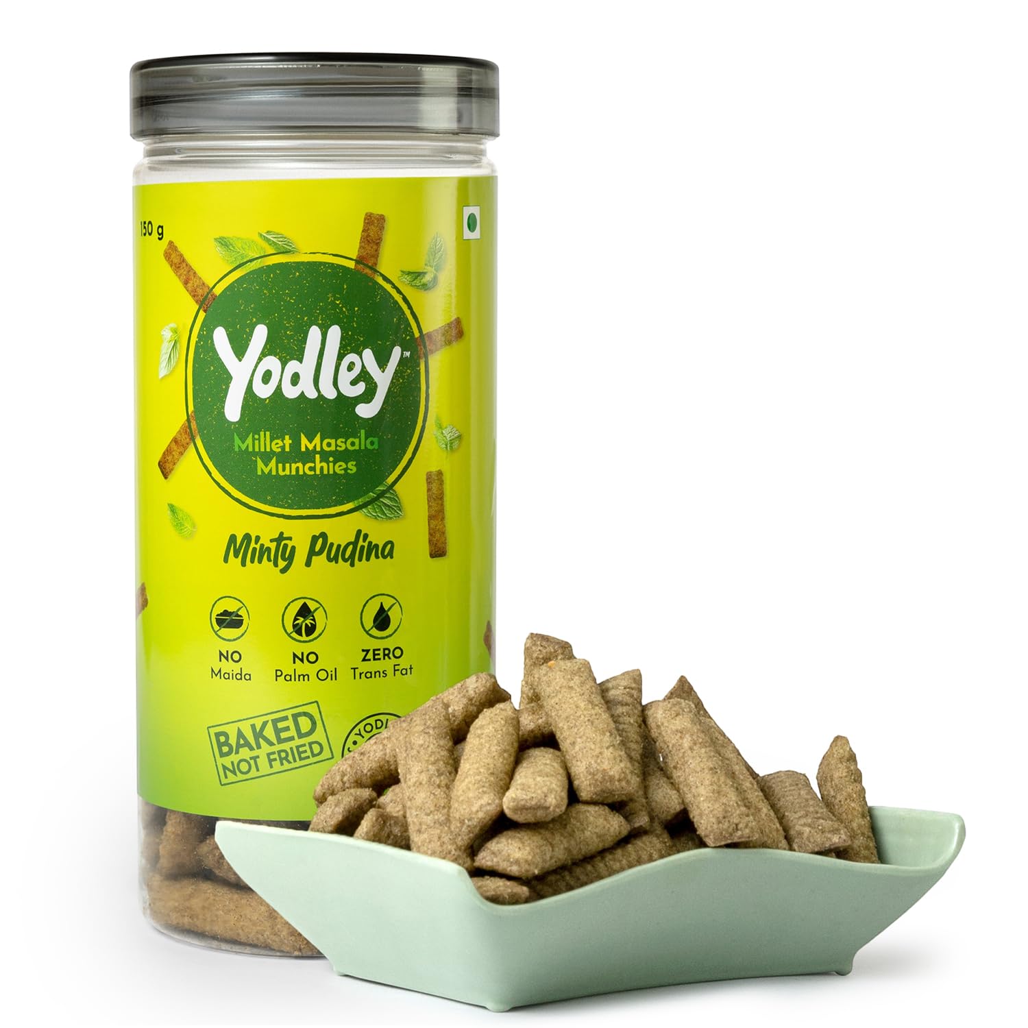 Yodley Millet Masala Munchies - Minty Pudina Flavour | Baked, Not Fried | No Maida, No Palm Oil | Zero Cholesterol | Zero Trans Fat & High In Fiber | Calcium & Iron Rich | Healthy Indian Snack - 150gm