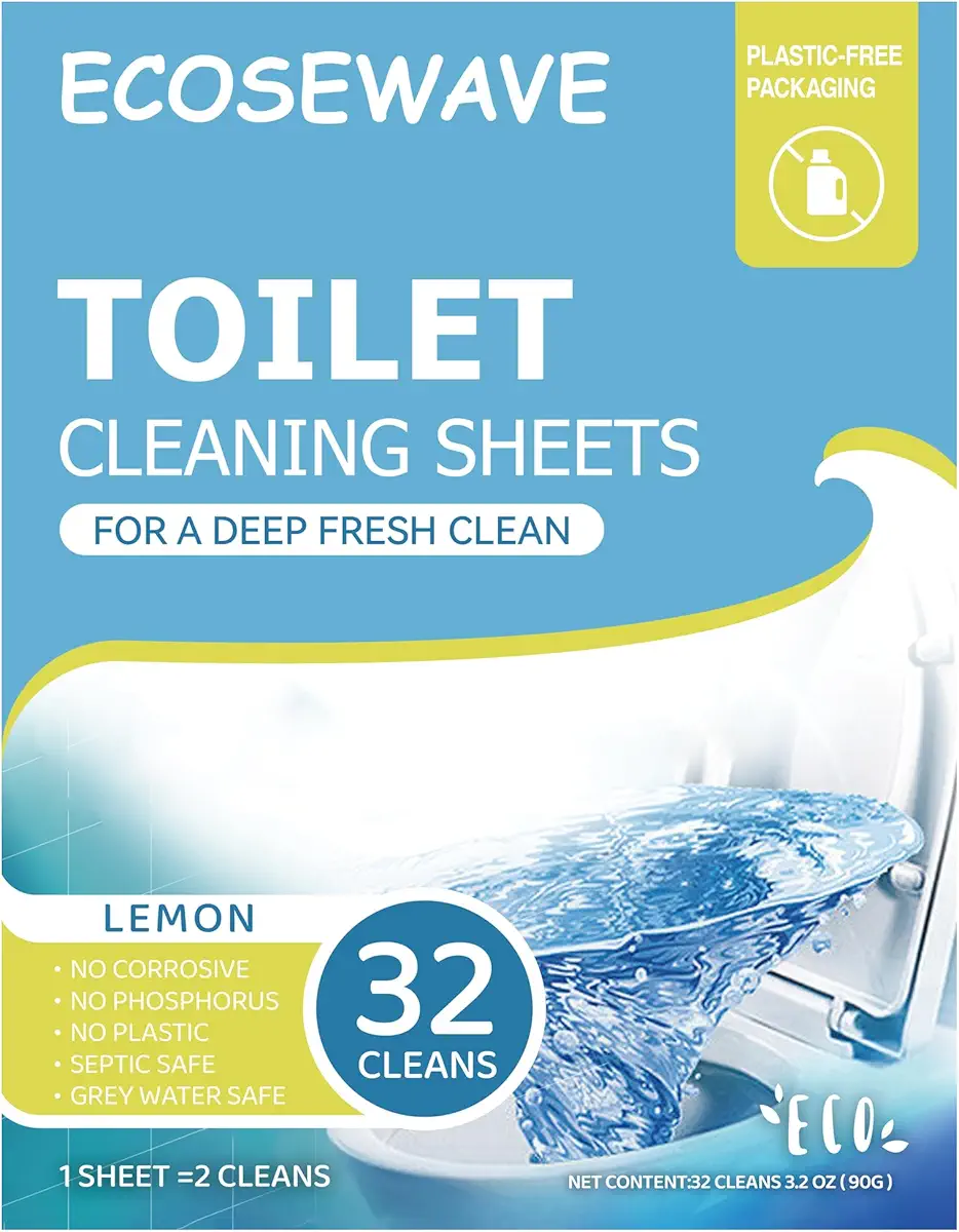 Toilet Cleaners Strips 32 Count, Eco-Friendly Portable Toilet Bowl Cleaning Sheet, Biodegradable Septic Safe Bathroom Cleaning Supplies Remove Stains with Fresh Scent, Plastic-Free Packaging