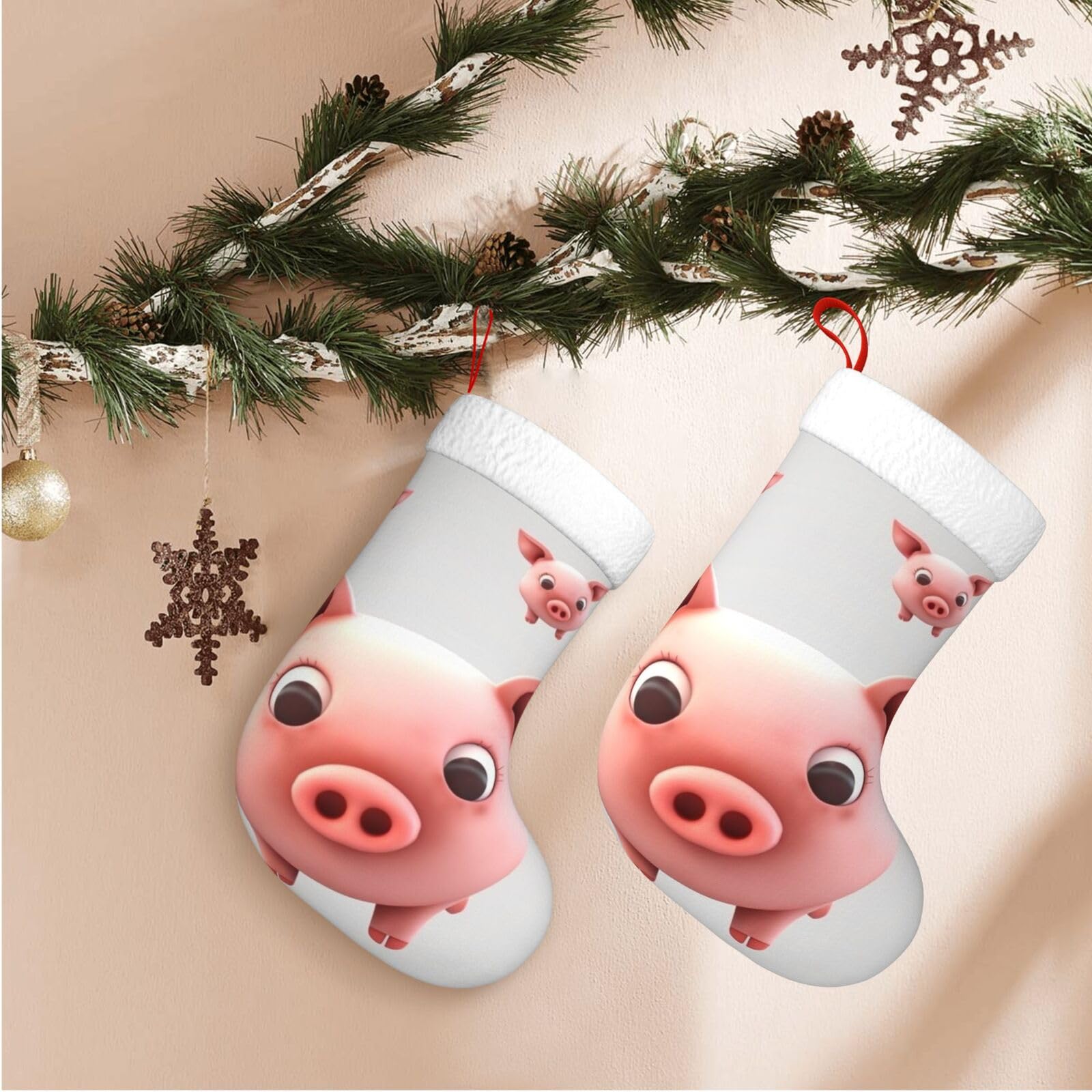 17.7" Christmas Stocking 1 Piece, Smiling Xmas Stockings with White Plush Cuff Fireplace Hanging Stocking for Christmas Holiday Party Decoration