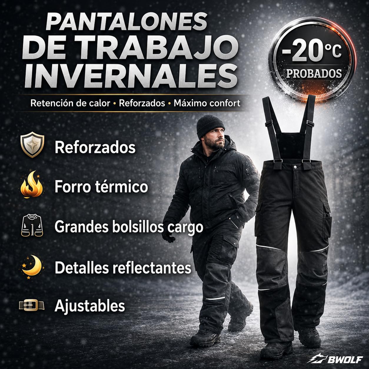BWOLF Kick Pantalones térmicos de trabajo para hombre, pantalones de senderismo, pantalones de exterior para hombre, pantalones de trabajo, para hombre, invierno, forrados, resistentes al viento,