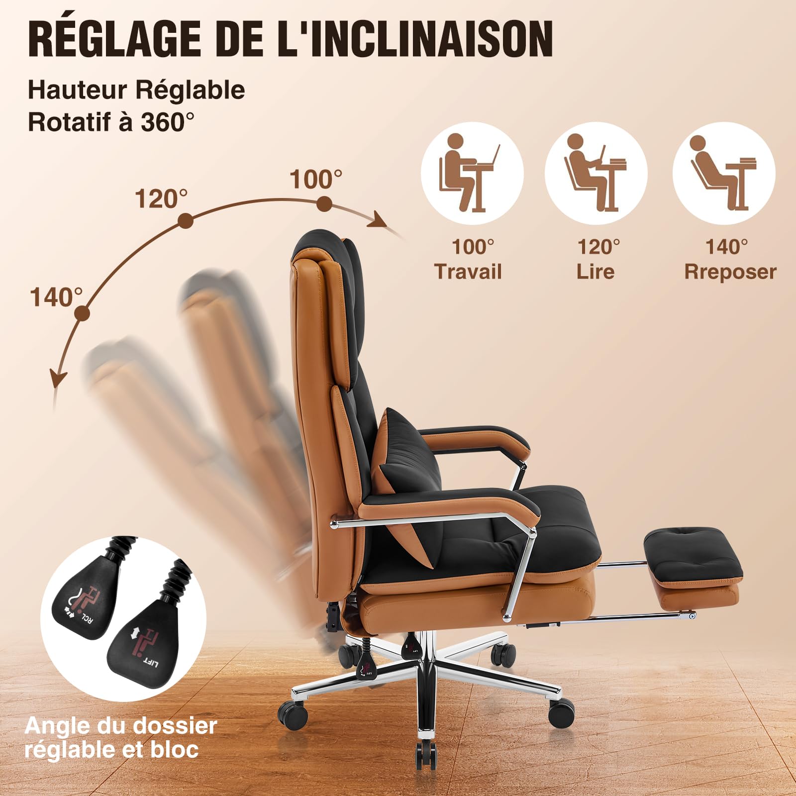 Bürostuhl Ergonomisch, PU Leder Chefsessel 200kg, Bürostuhl mit Fußstütze und Lendenwirbelstütze, Home Office Stuhl mit hoher Rückenlehne, Schwarz